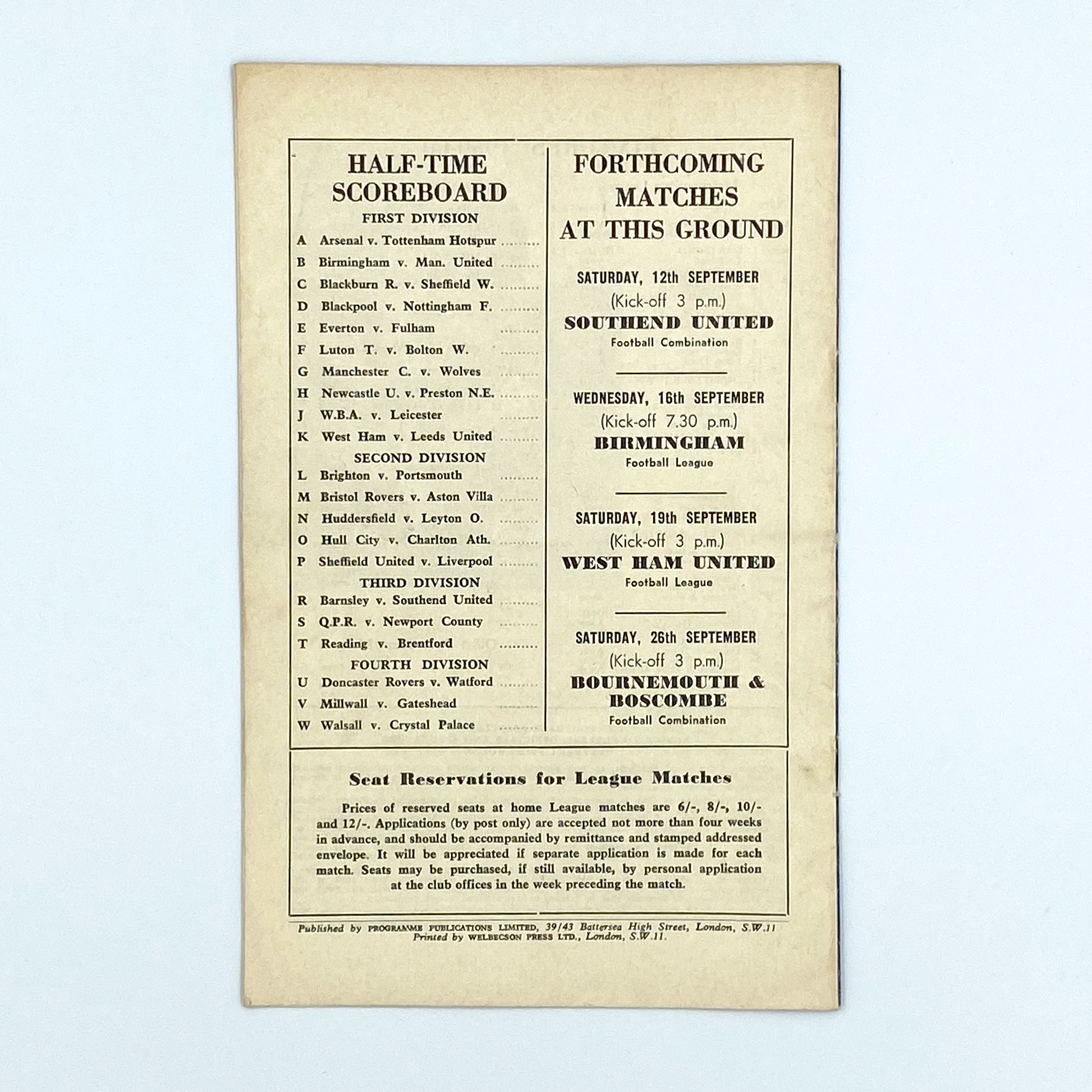 Chelsea vs Burnley Programme (5 September, 1959)