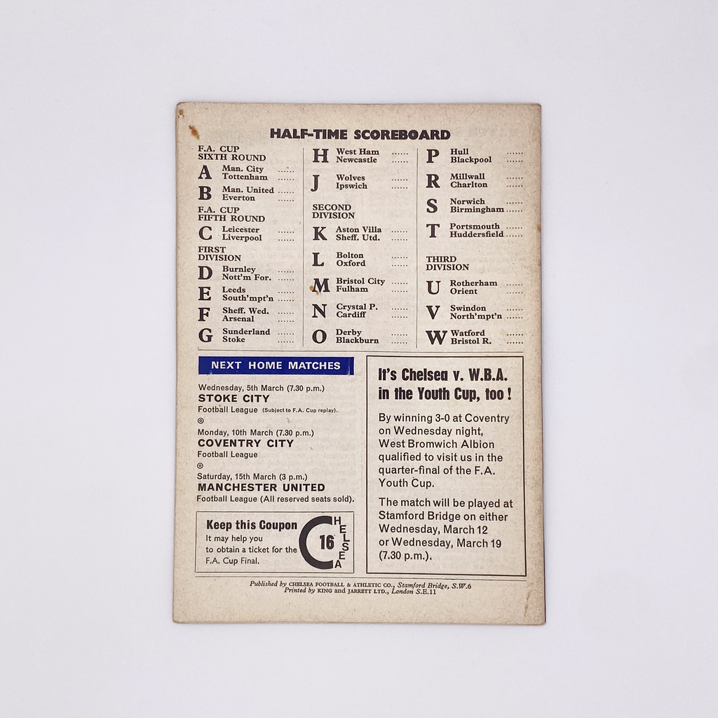 Chelsea vs West Bromwich Albion Programme (1 March, 1969)