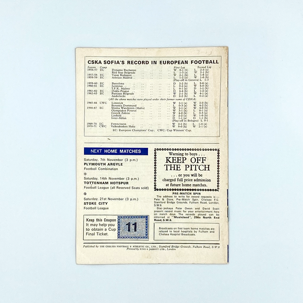 Chelsea vs CSKA Sofia Programme (4 November, 1970)