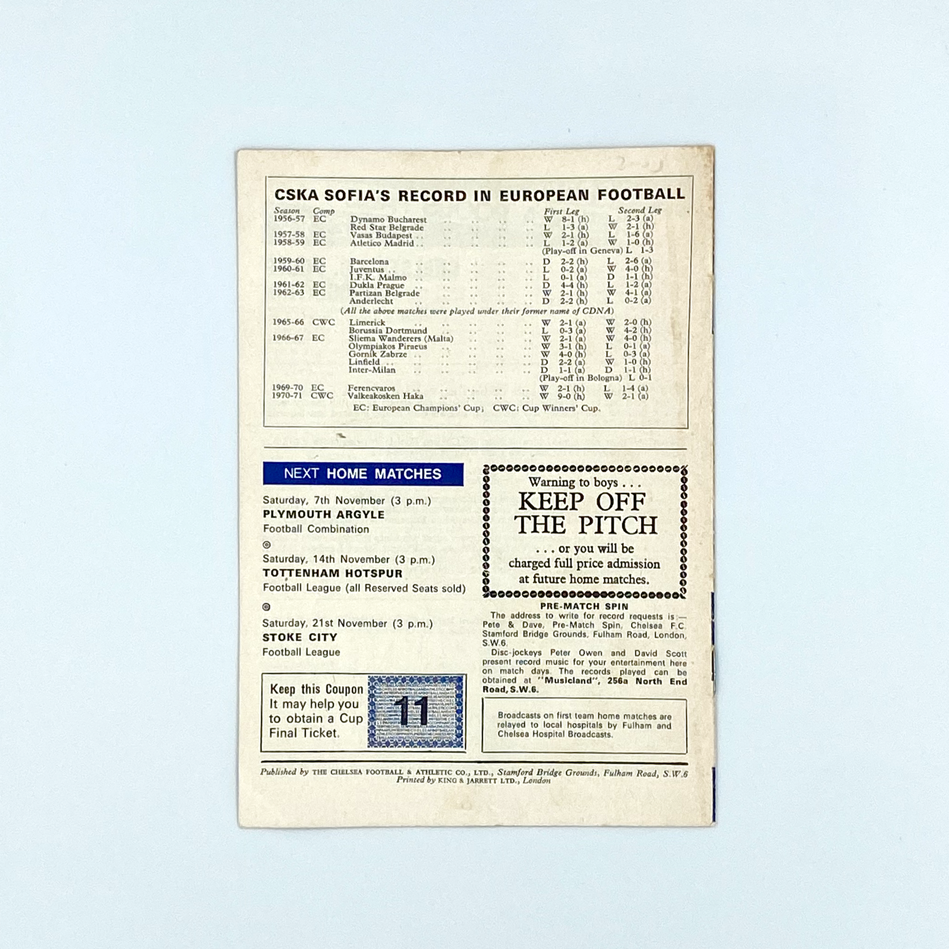Chelsea vs CSKA Sofia Programme (4 November, 1970)