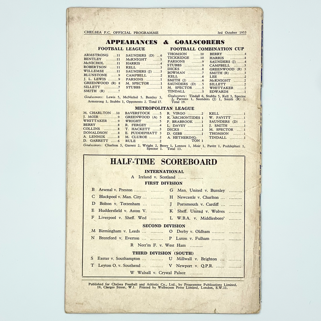 Chelsea vs Sunderland Programme (3 October 1953)