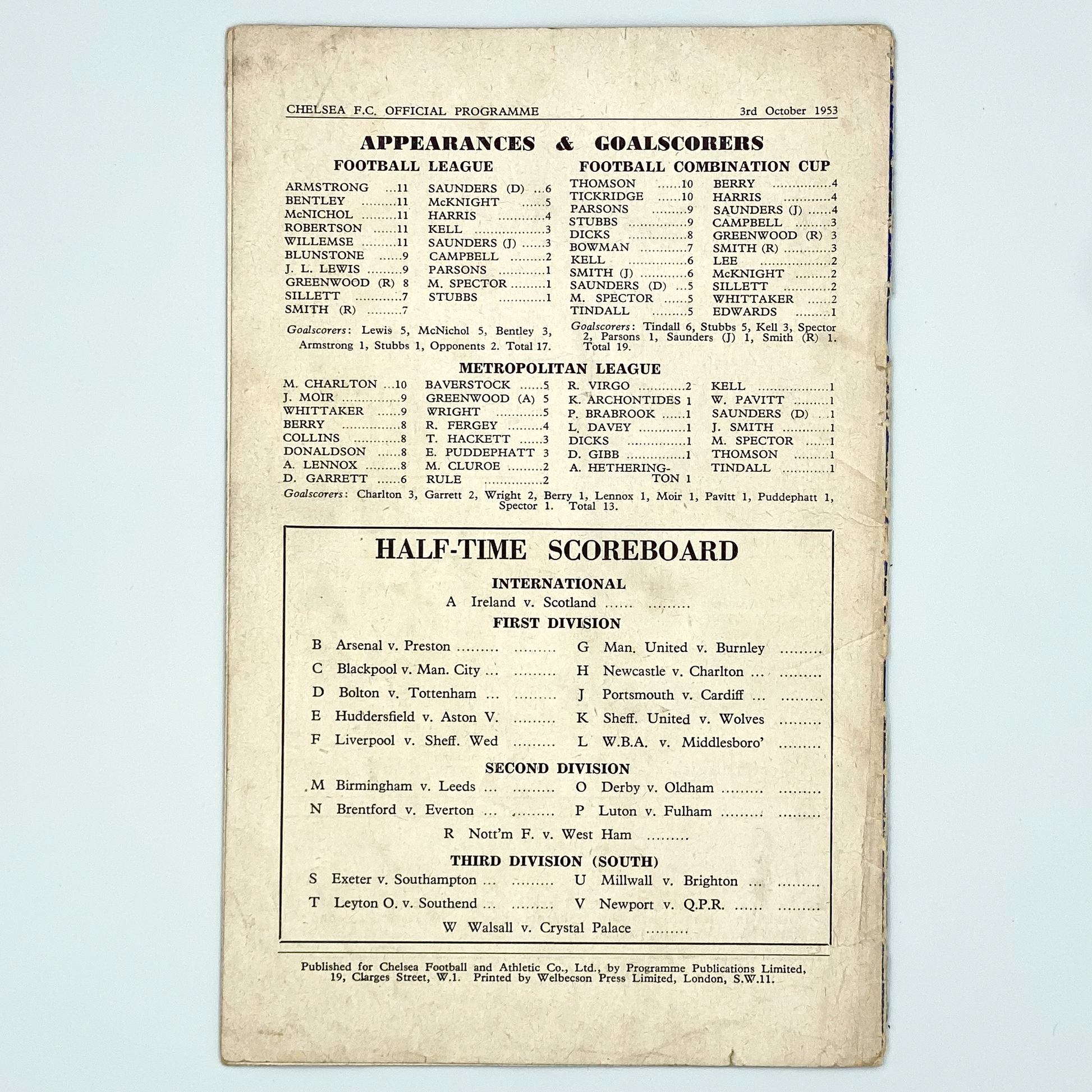 Chelsea vs Sunderland Programme (3 October 1953)