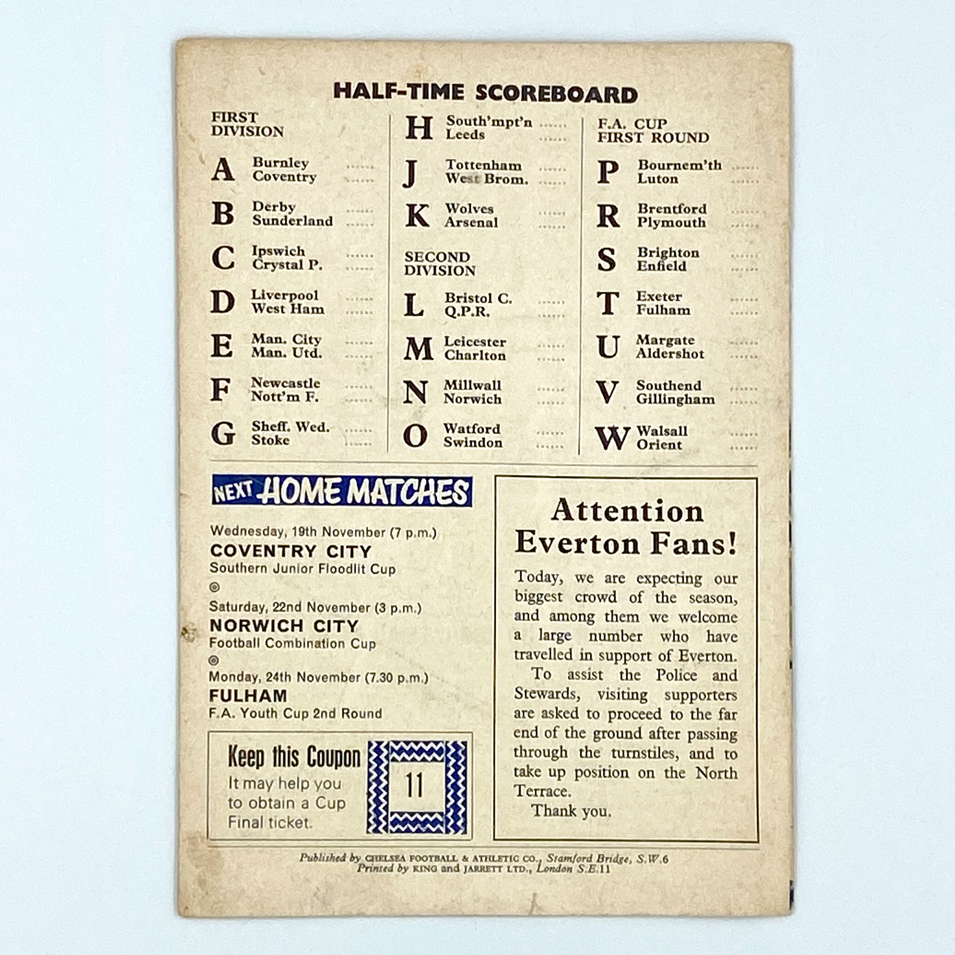 Chelsea vs Everton Programme (15 November, 1969)