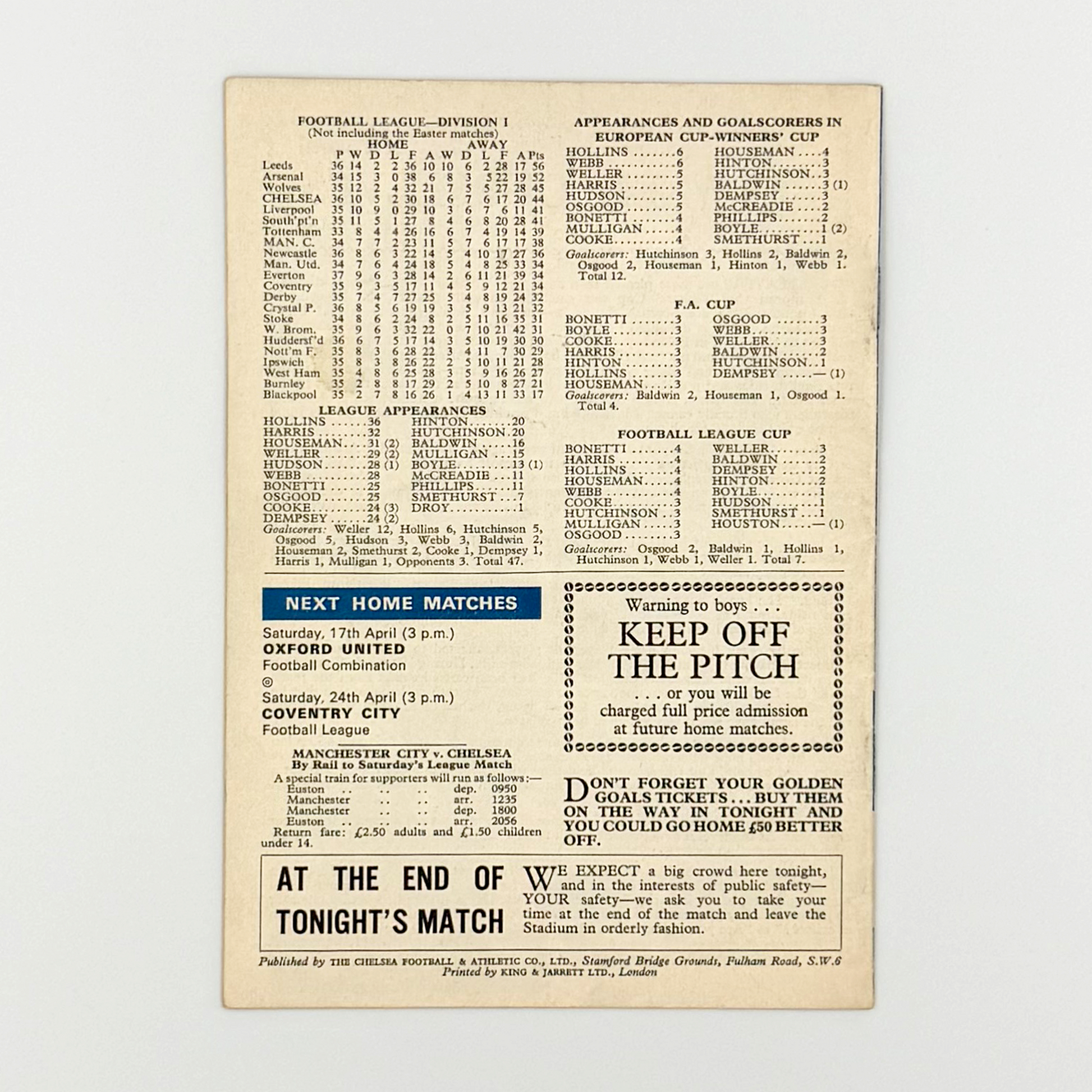 Chelsea vs Manchester City Programme (14 April, 1971)