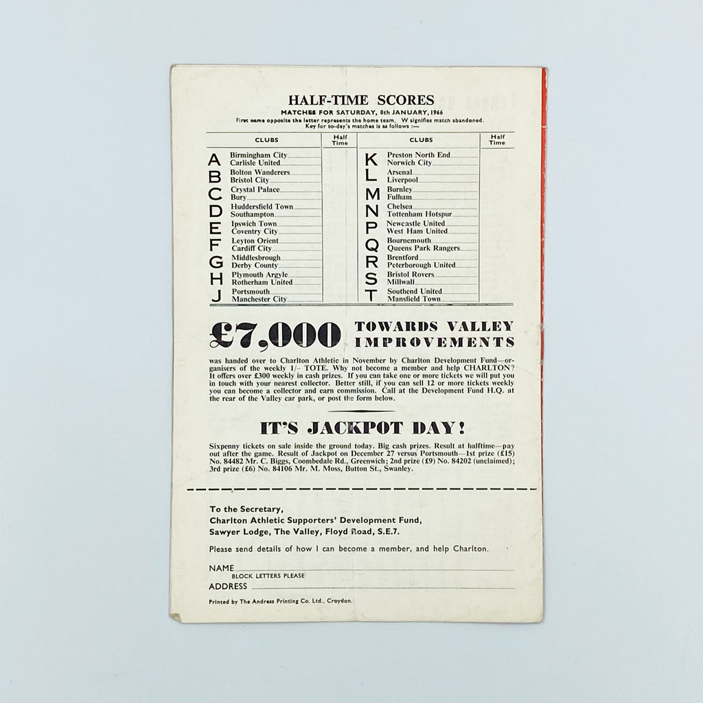 Charlton Athletic vs Wolverhampton Wanderers Programme (8 January, 1966)