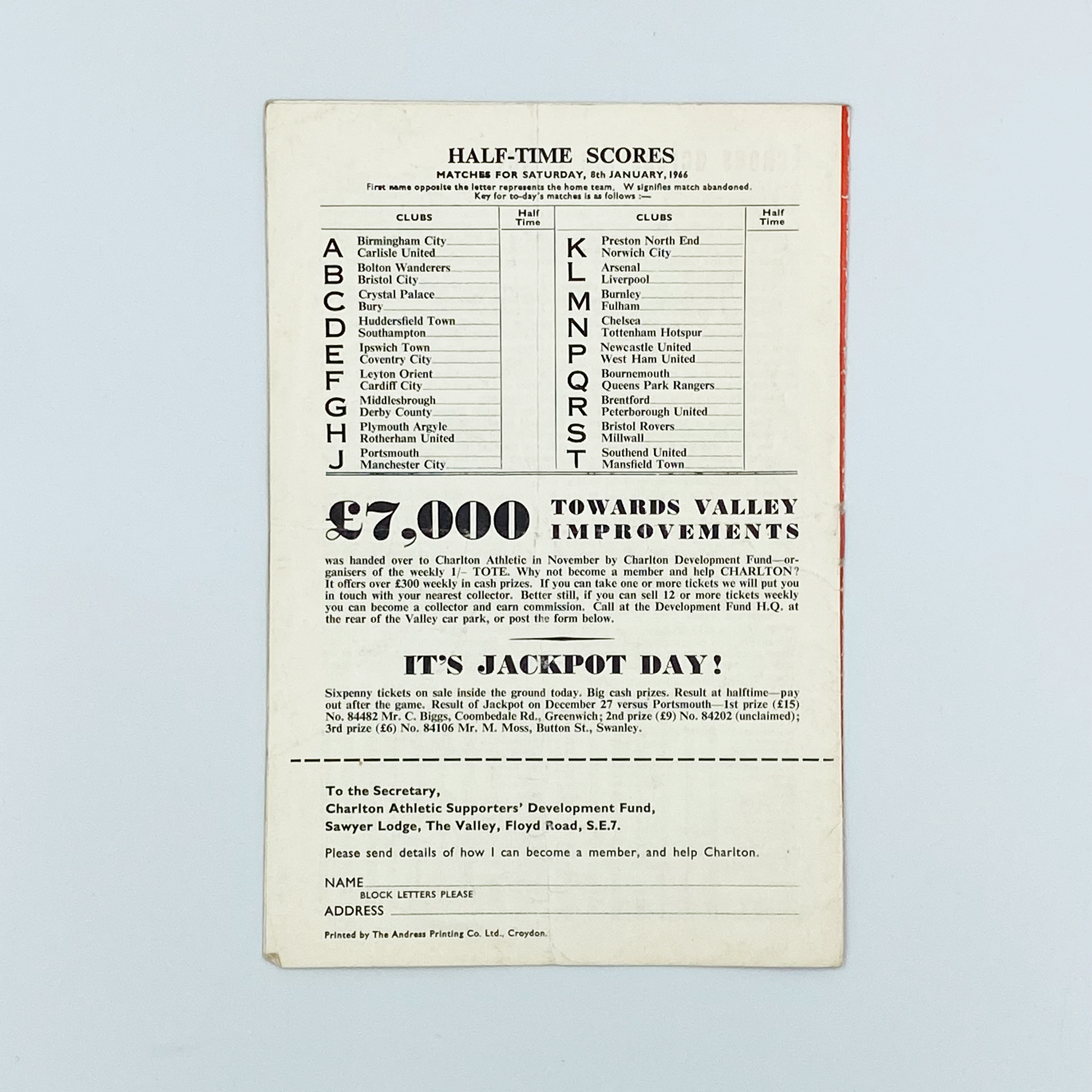 Charlton Athletic vs Wolverhampton Wanderers Programme (8 January, 1966)