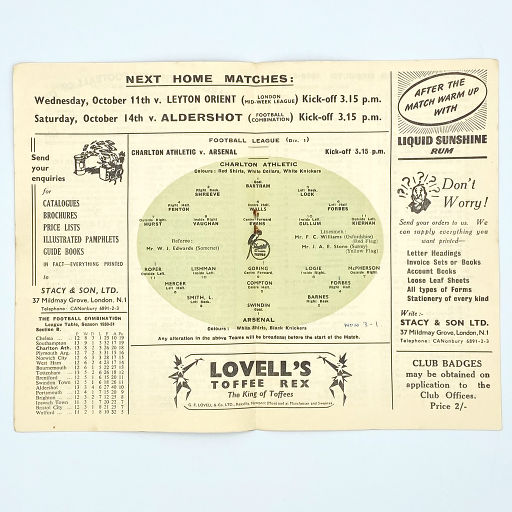Charlton Athletic vs Arsenal Programme (7 October, 1950)
