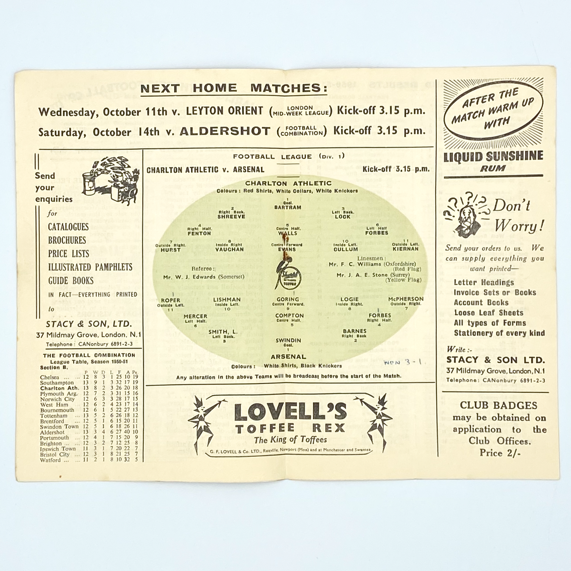 Charlton Athletic vs Arsenal Programme (7 October, 1950)