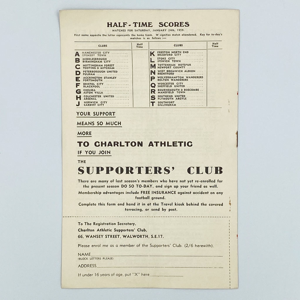 Charlton Athletic vs Everton Programme (24 January, 1959)