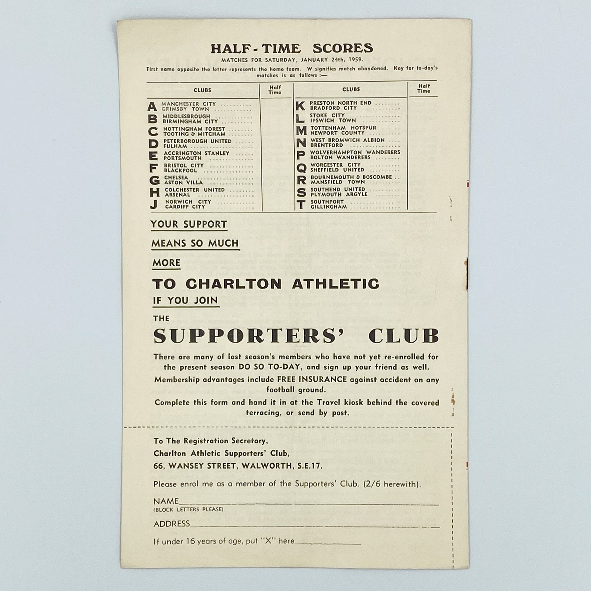 Charlton Athletic vs Everton Programme (24 January, 1959)