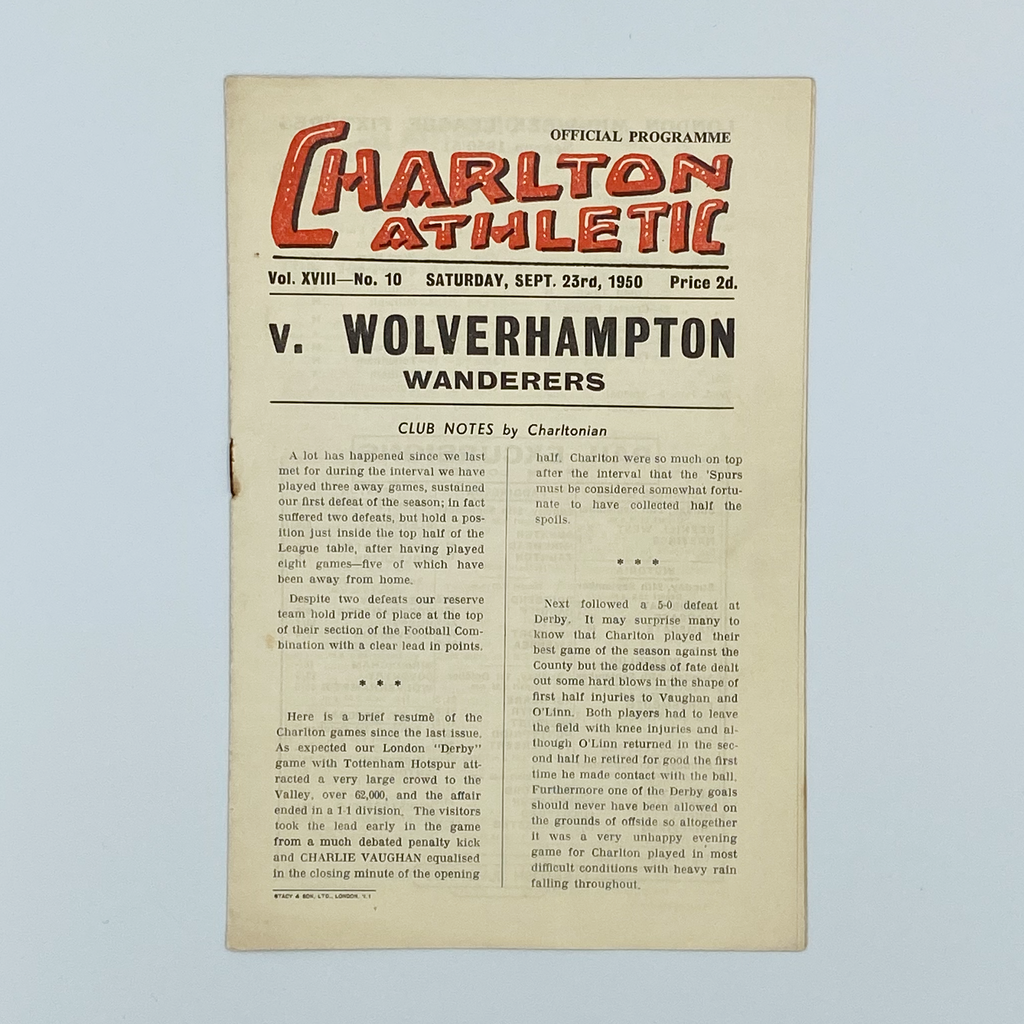 Charlton Athletic vs Wolverhampton Wanderers Programme (23 September, 1950)