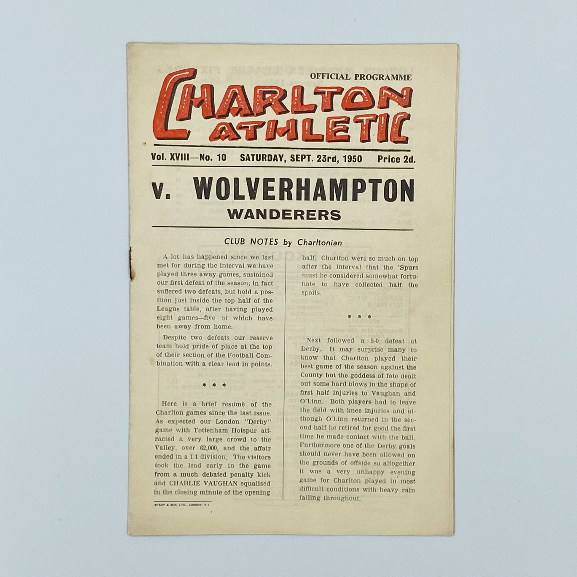 Charlton Athletic vs Wolverhampton Wanderers Programme (23 September, 1950)