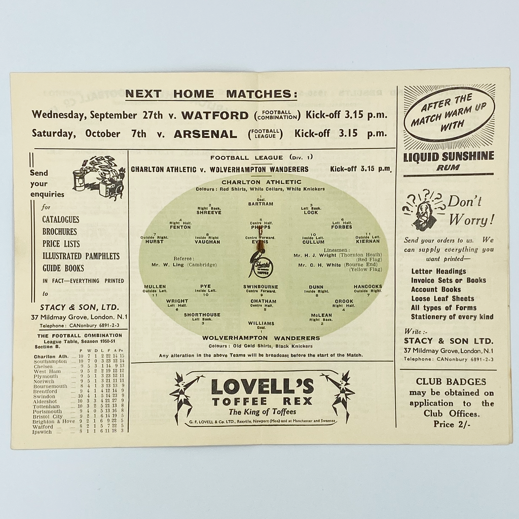 Charlton Athletic vs Wolverhampton Wanderers Programme (23 September, 1950)