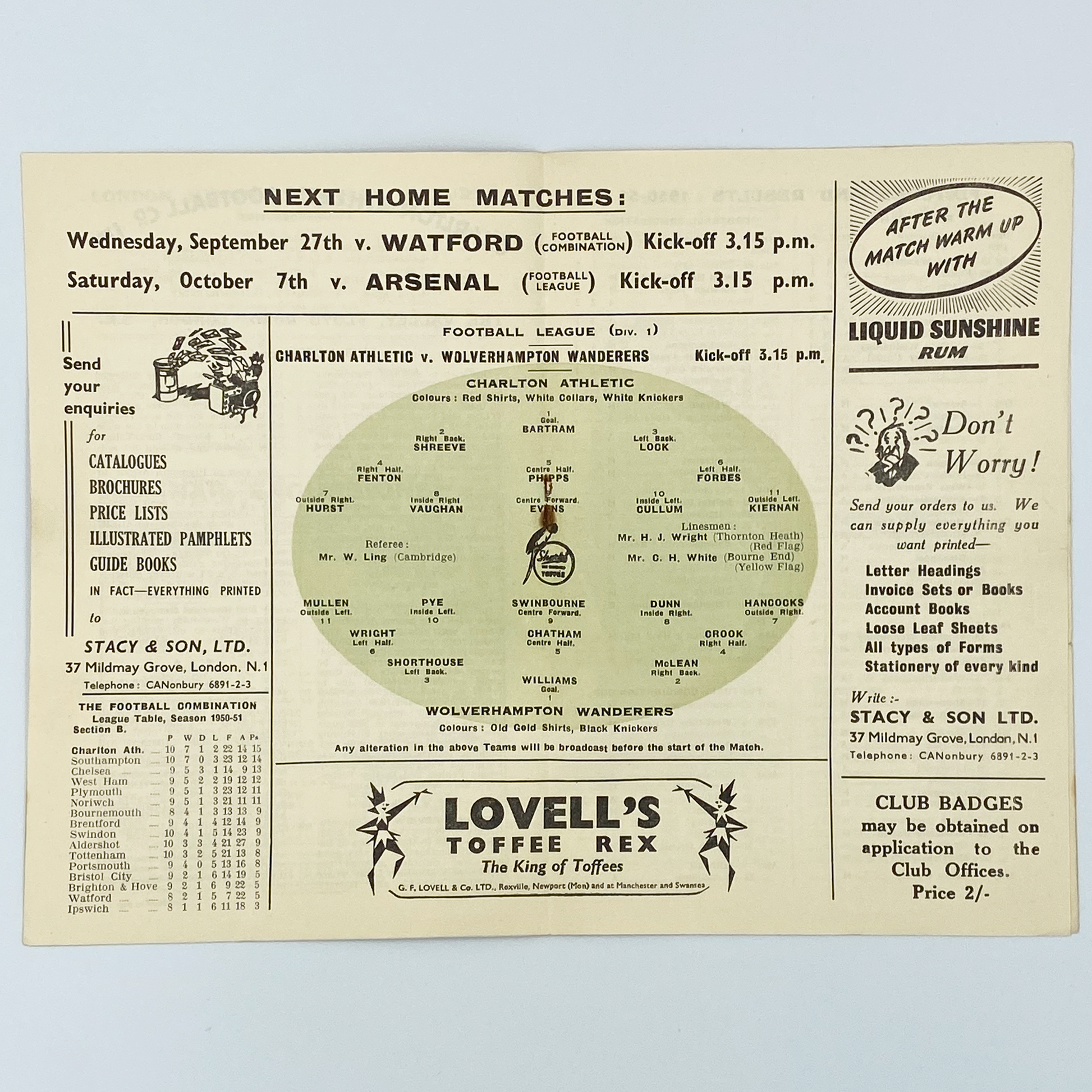 Charlton Athletic vs Wolverhampton Wanderers Programme (23 September, 1950)