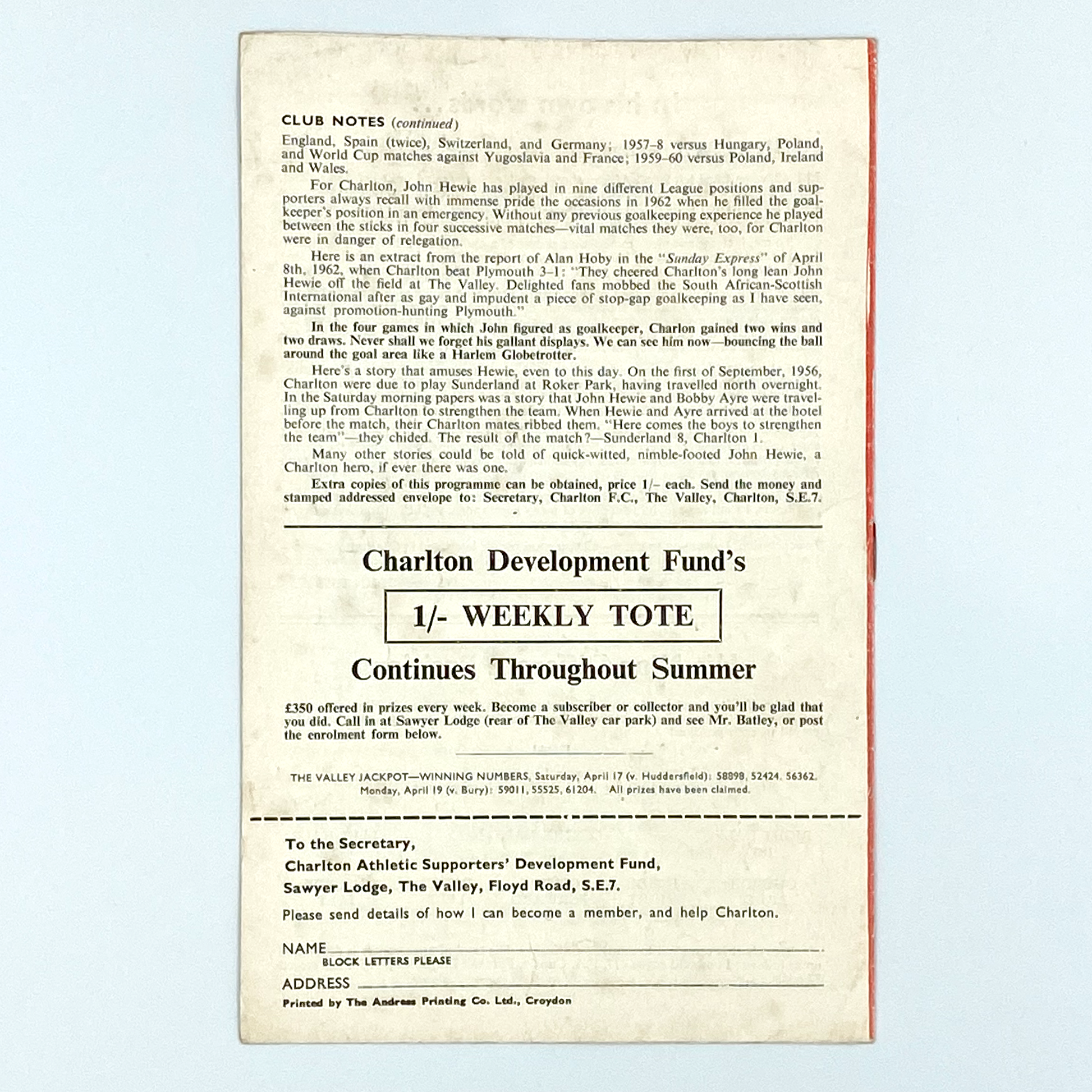 John Hewie Testimonial Programme (29 April, 1965)