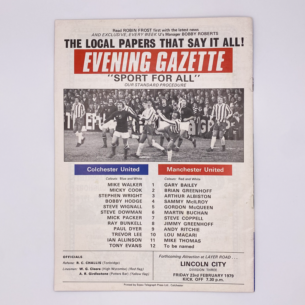 Colchester United vs Manchester United Programme (20 February, 1979)
