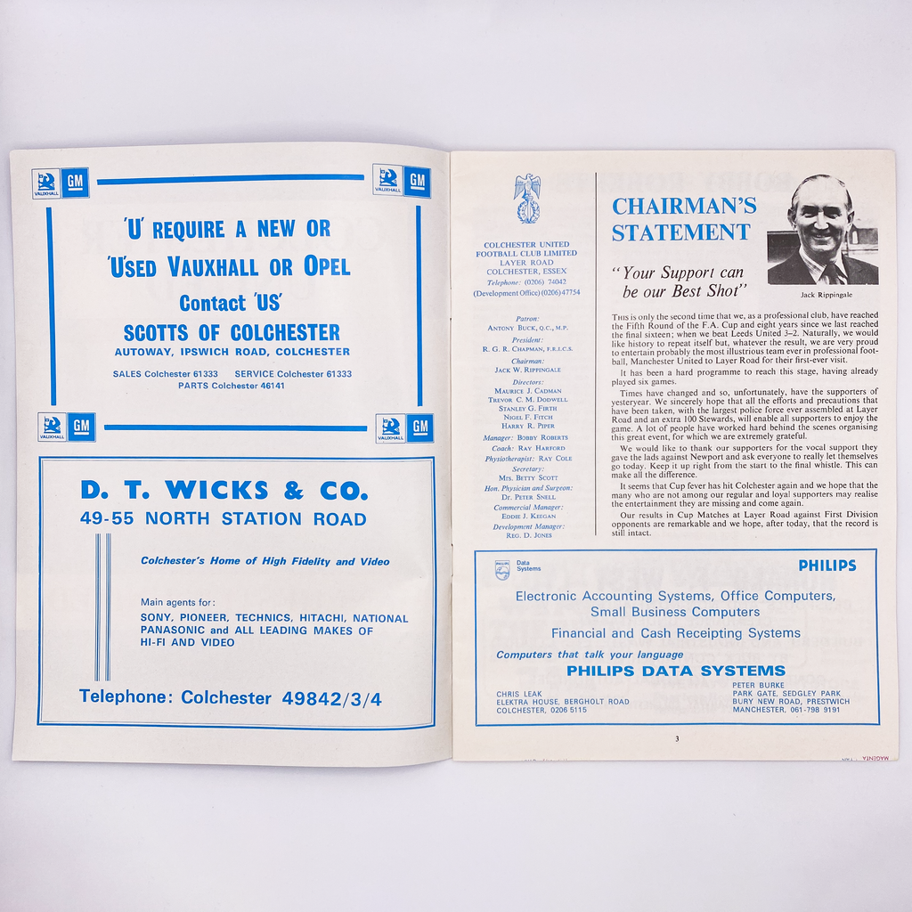 Colchester United vs Manchester United Programme (20 February, 1979)