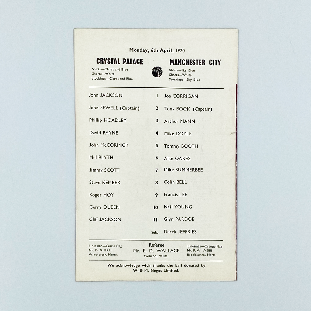 Crystal Palace vs Manchester City Programme (6 April 1970)