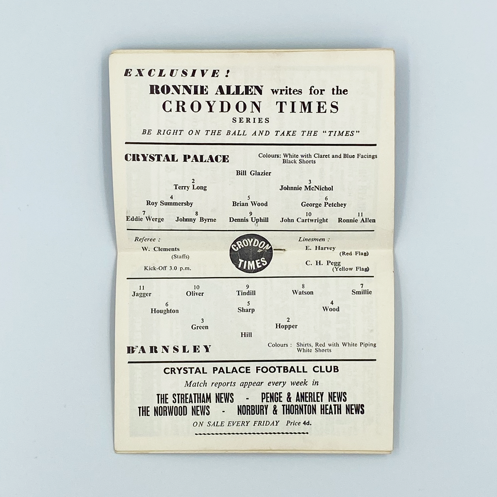 Crystal Palace vs Barnsley Programme (3 February, 1962)