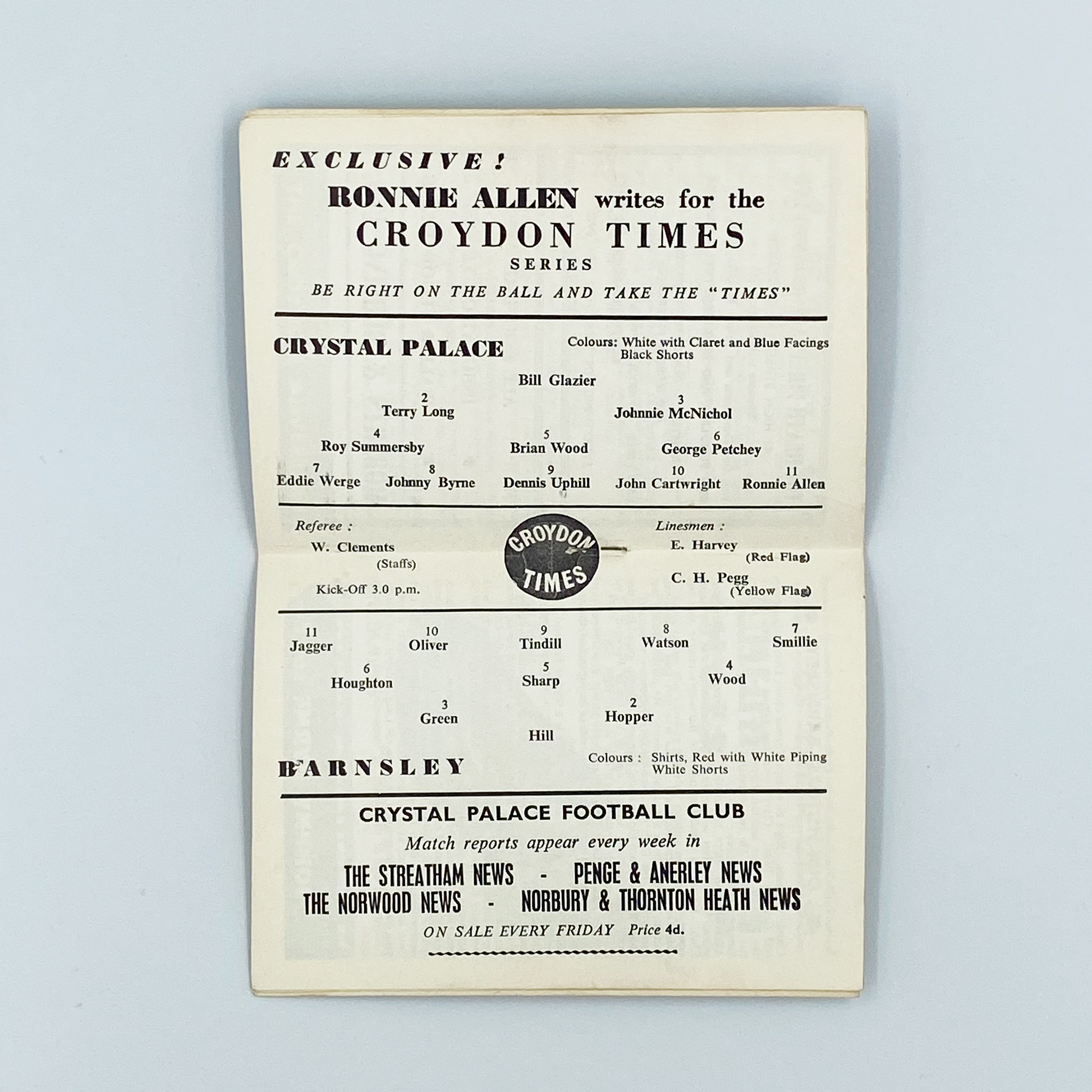 Crystal Palace vs Barnsley Programme (3 February, 1962)