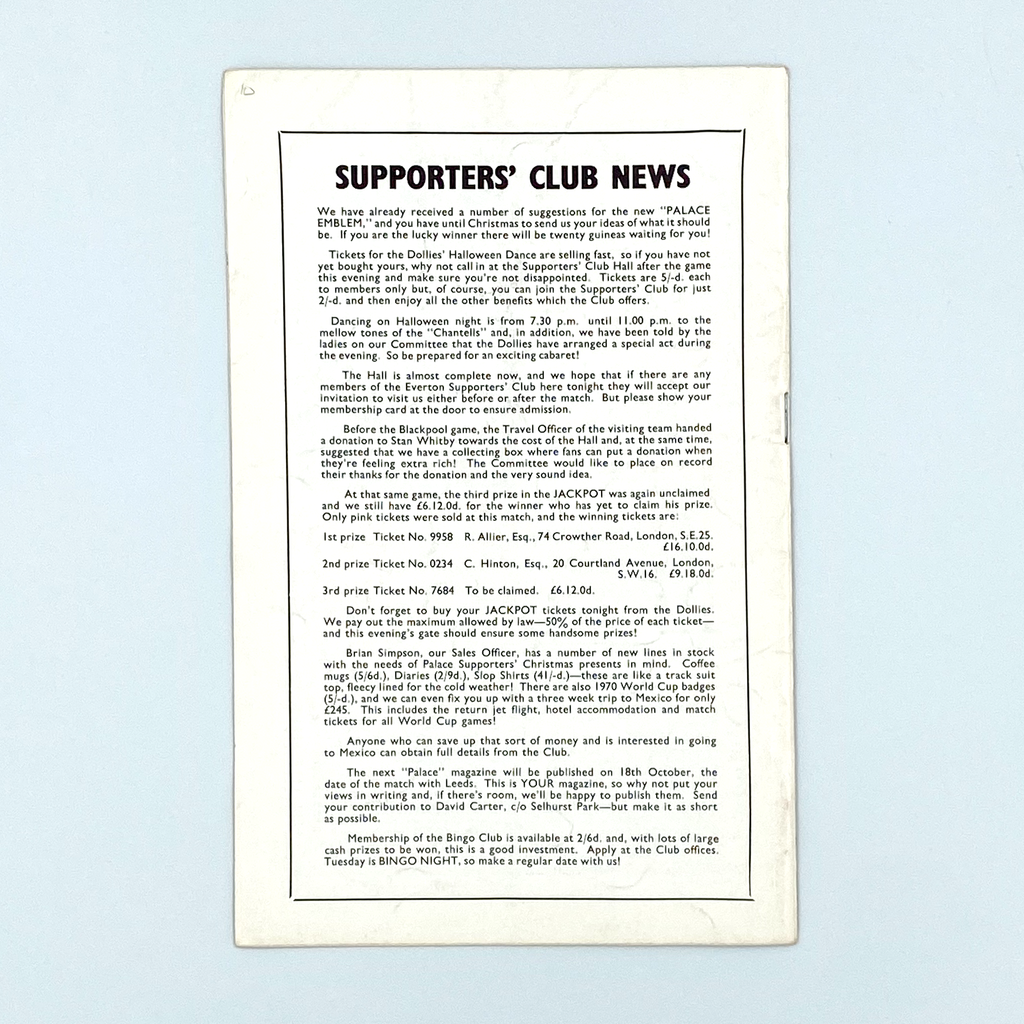 Crystal Palace vs Everton Programme (8 October, 1969)