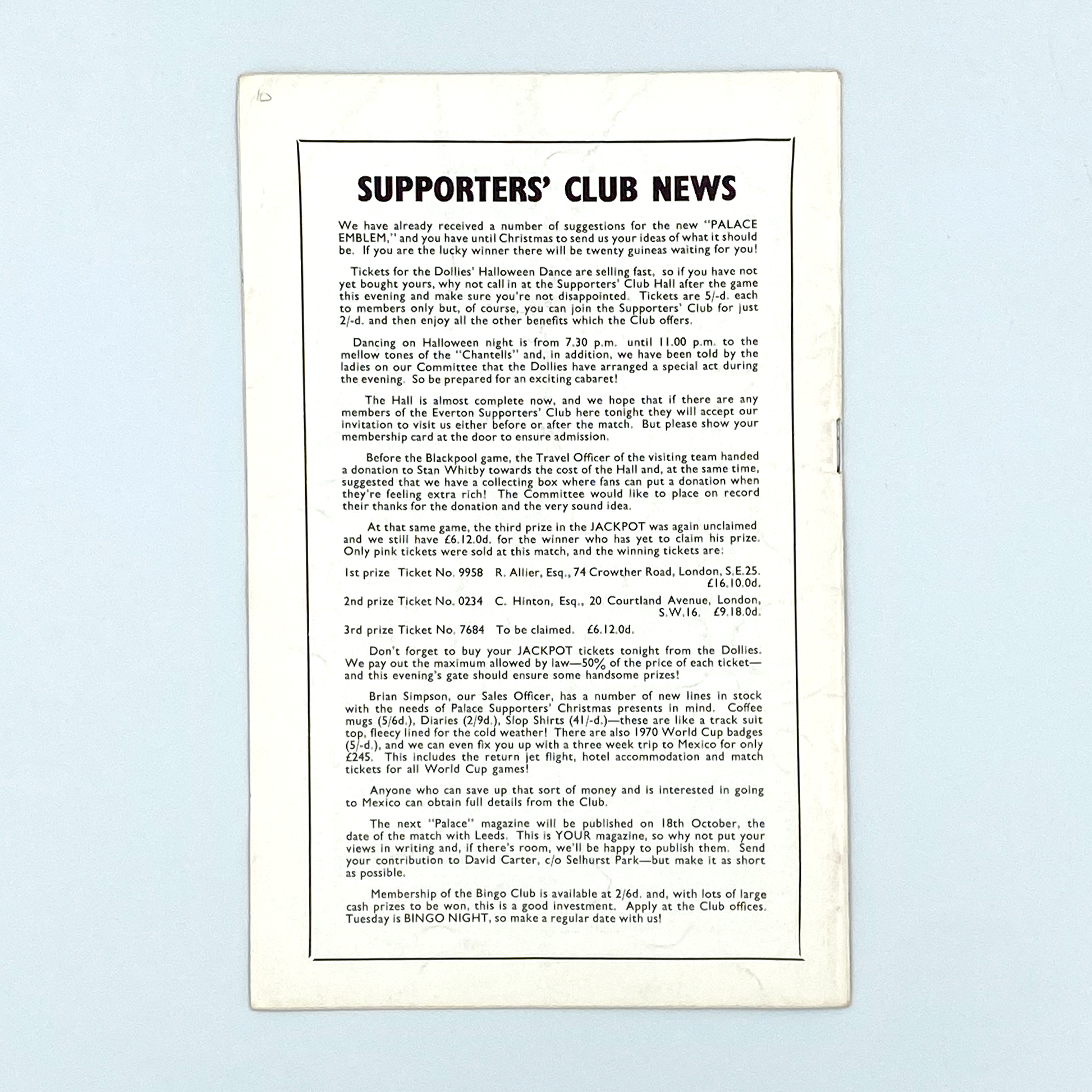 Crystal Palace vs Everton Programme (8 October, 1969)