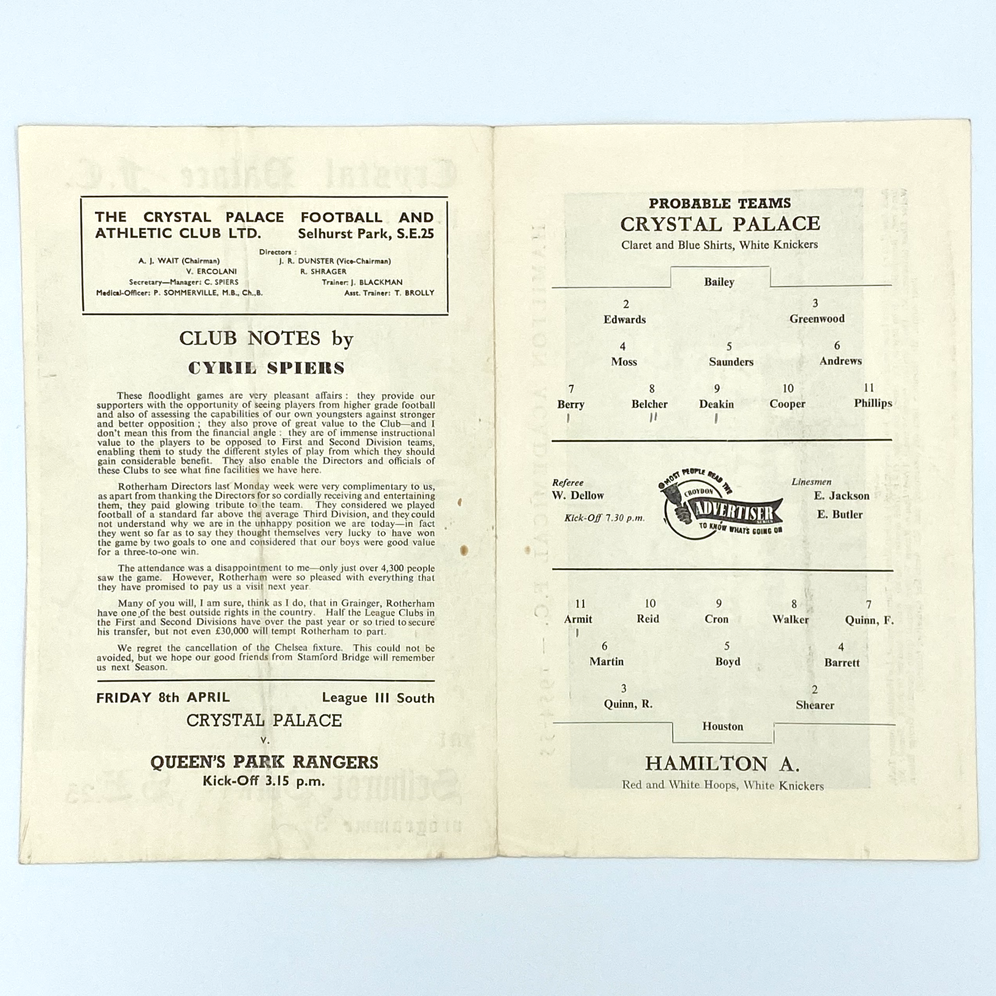 Crystal Palace vs Hamilton Academical Programme (4 April, 1955)