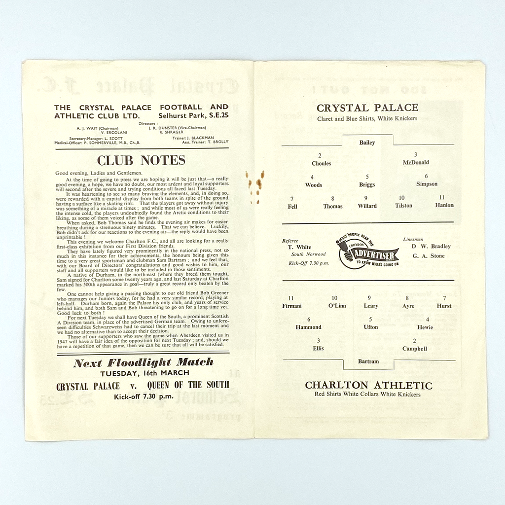 Crystal Palace vs Charlton Athletic Programme (9 March, 1954)