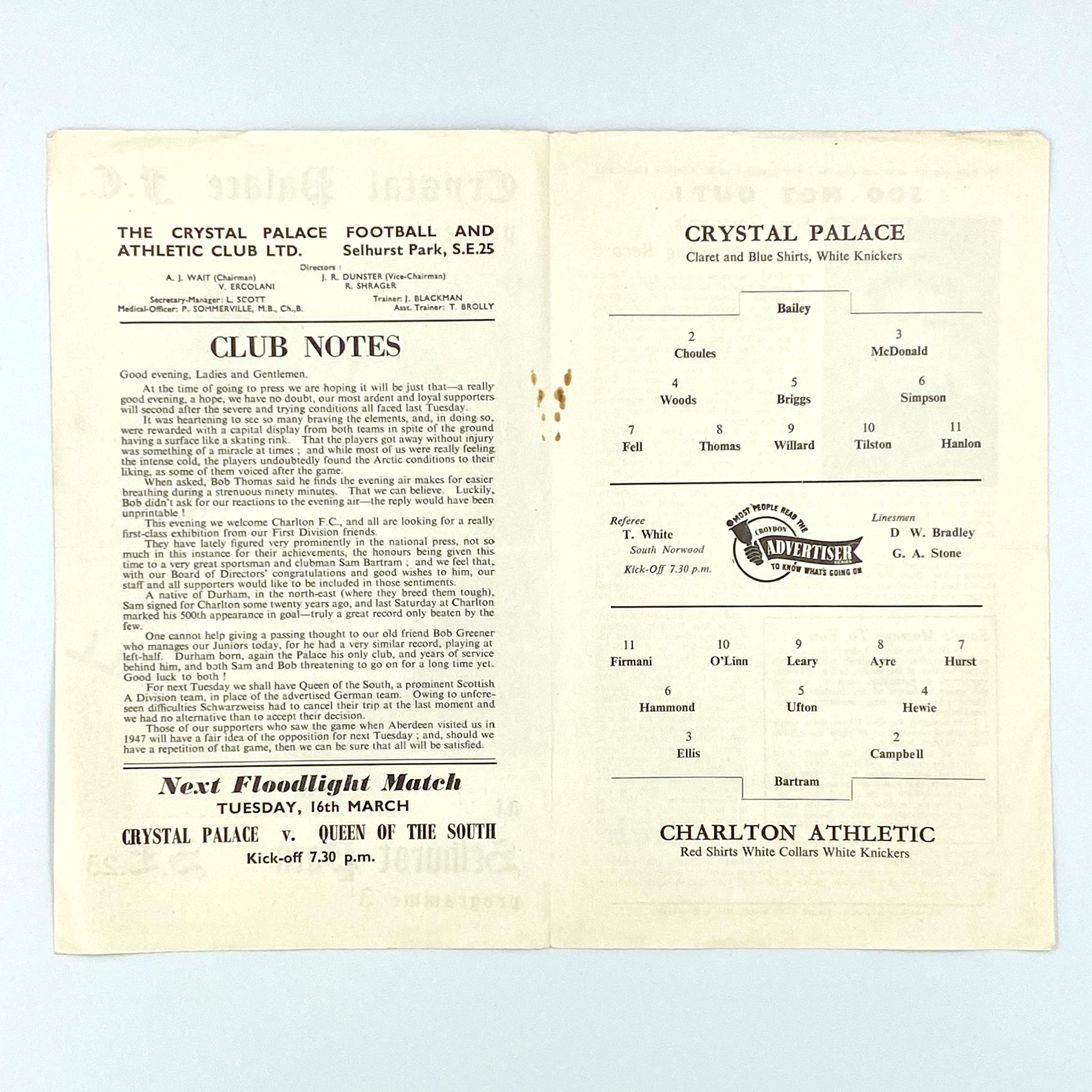 Crystal Palace vs Charlton Athletic Programme (9 March, 1954)
