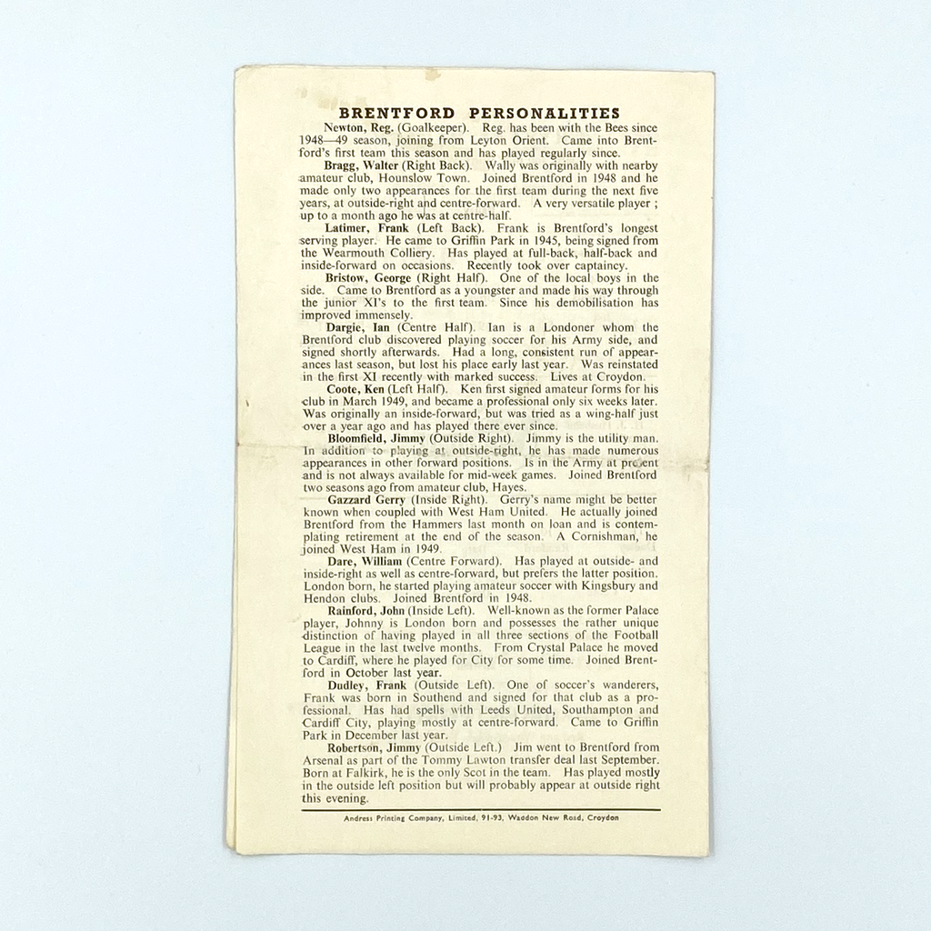 Crystal Palace vs Brentford Programme (2 March, 1954)