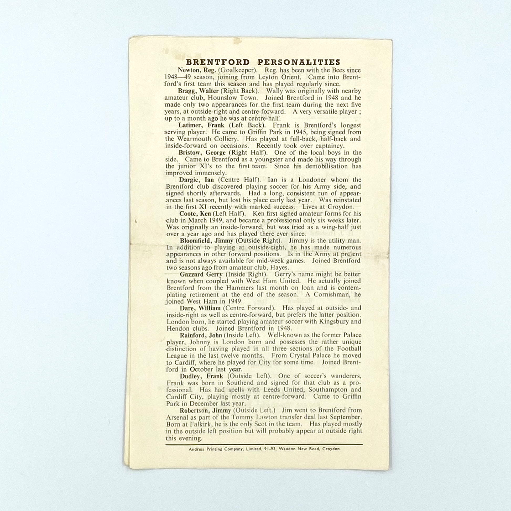 Crystal Palace vs Brentford Programme (2 March, 1954)