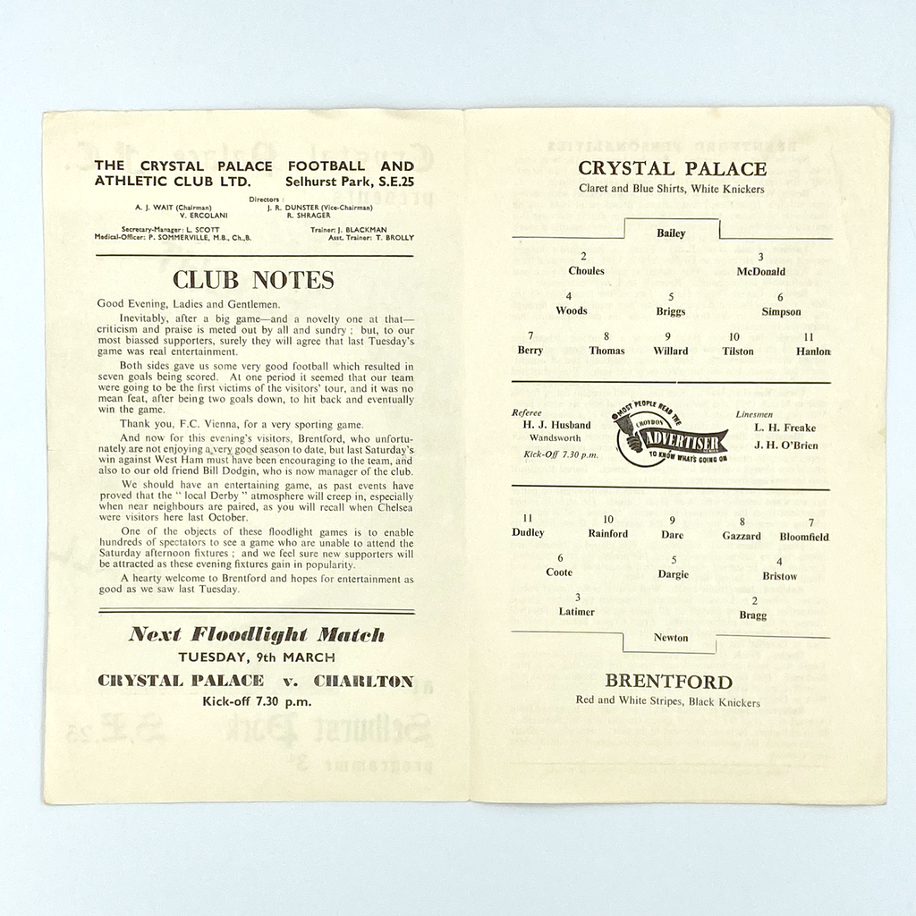 Crystal Palace vs Brentford Programme (2 March, 1954)