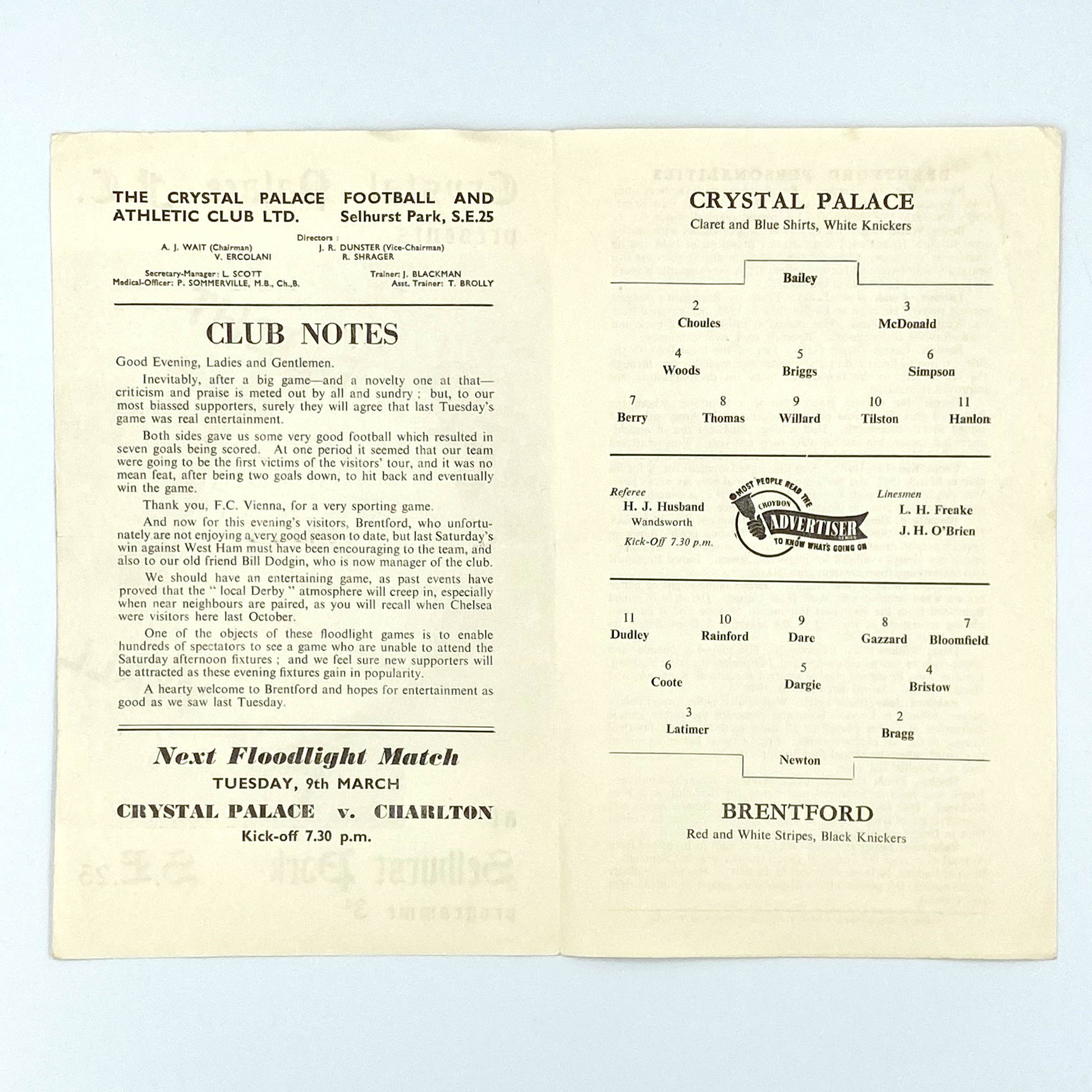 Crystal Palace vs Brentford Programme (2 March, 1954)