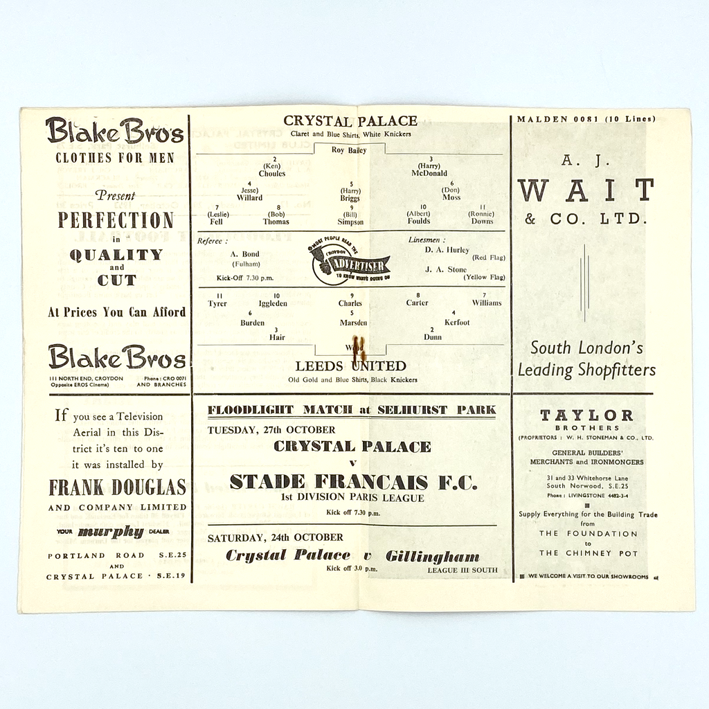 Crystal Palace vs Leeds United Programme (20 October, 1953)
