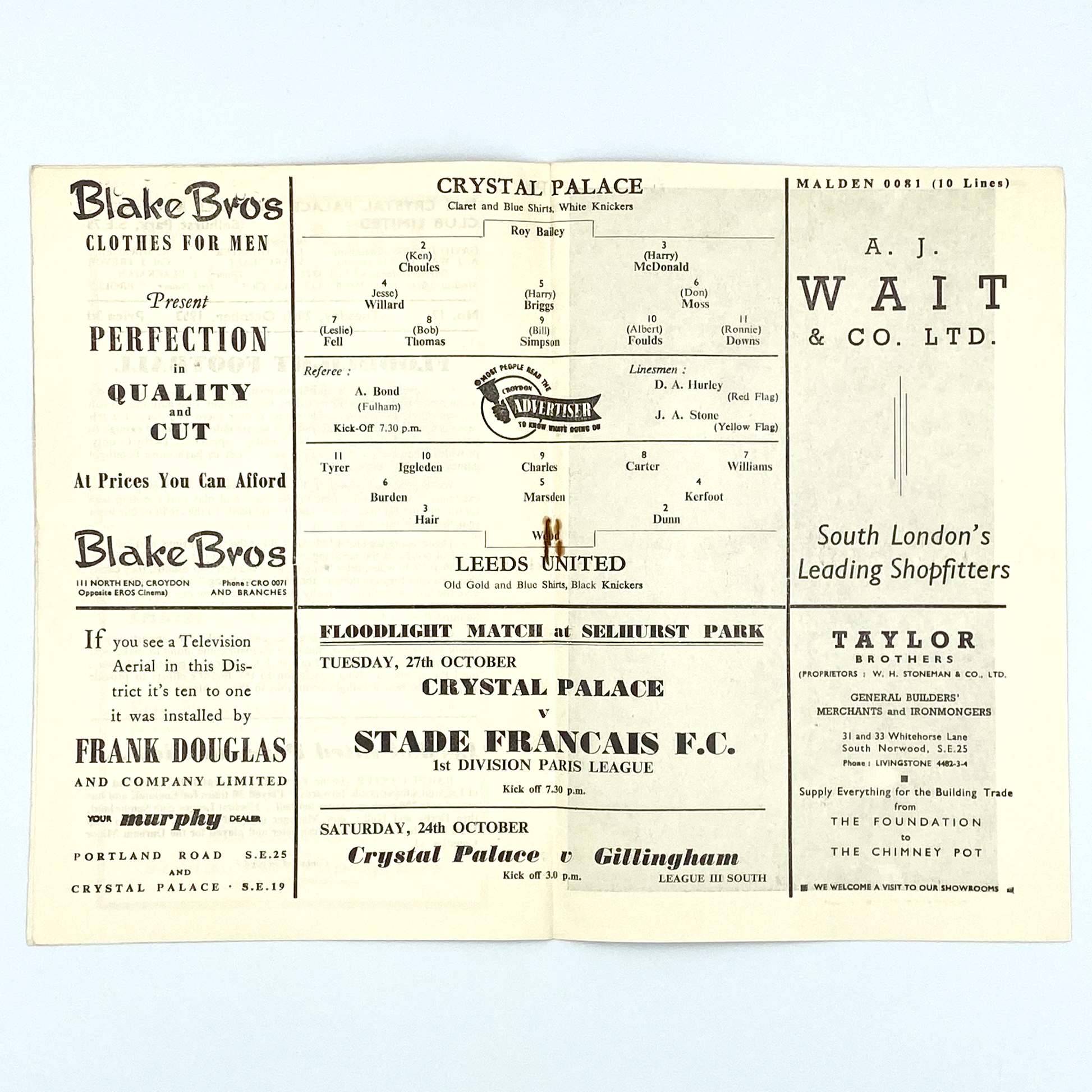 Crystal Palace vs Leeds United Programme (20 October, 1953)