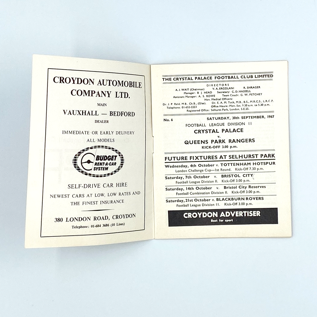 Crystal Palace vs Queens Park Rangers Programme (30 September, 1967)