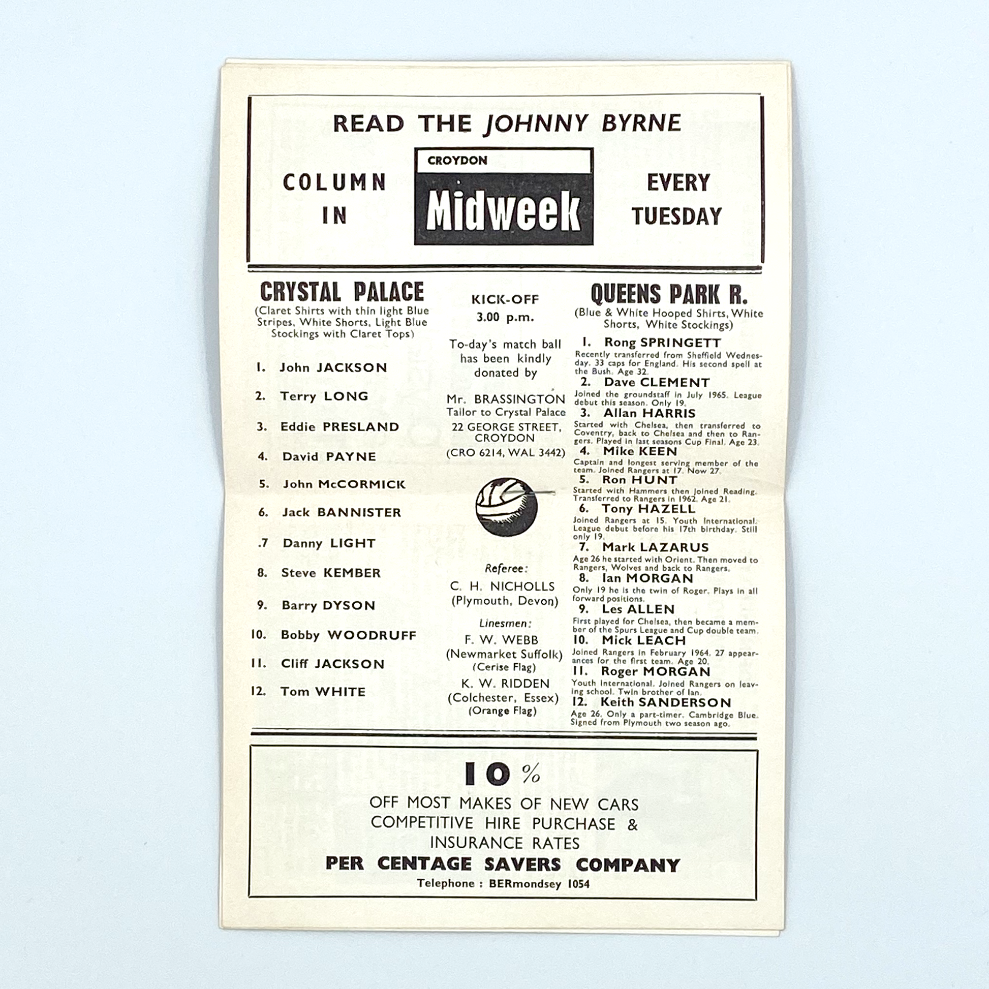 Crystal Palace vs Queens Park Rangers Programme (30 September, 1967)