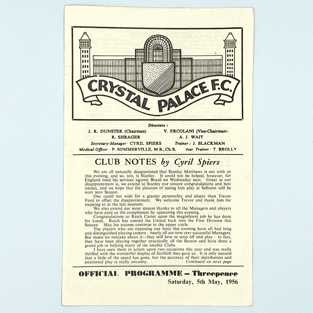 Crystal Palace vs International Managers XI Programme (5 May, 1956)