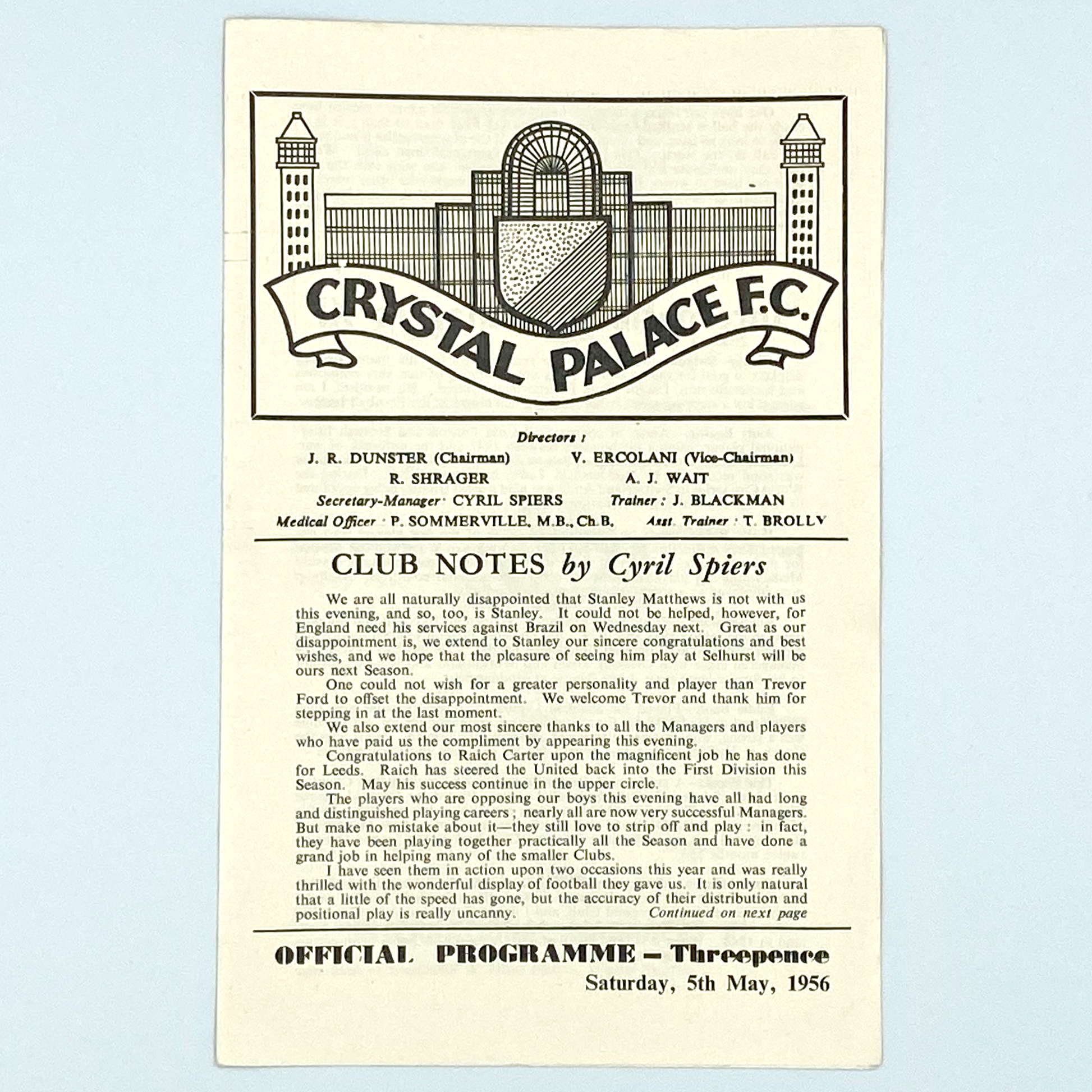 Crystal Palace vs International Managers XI Programme (5 May, 1956)
