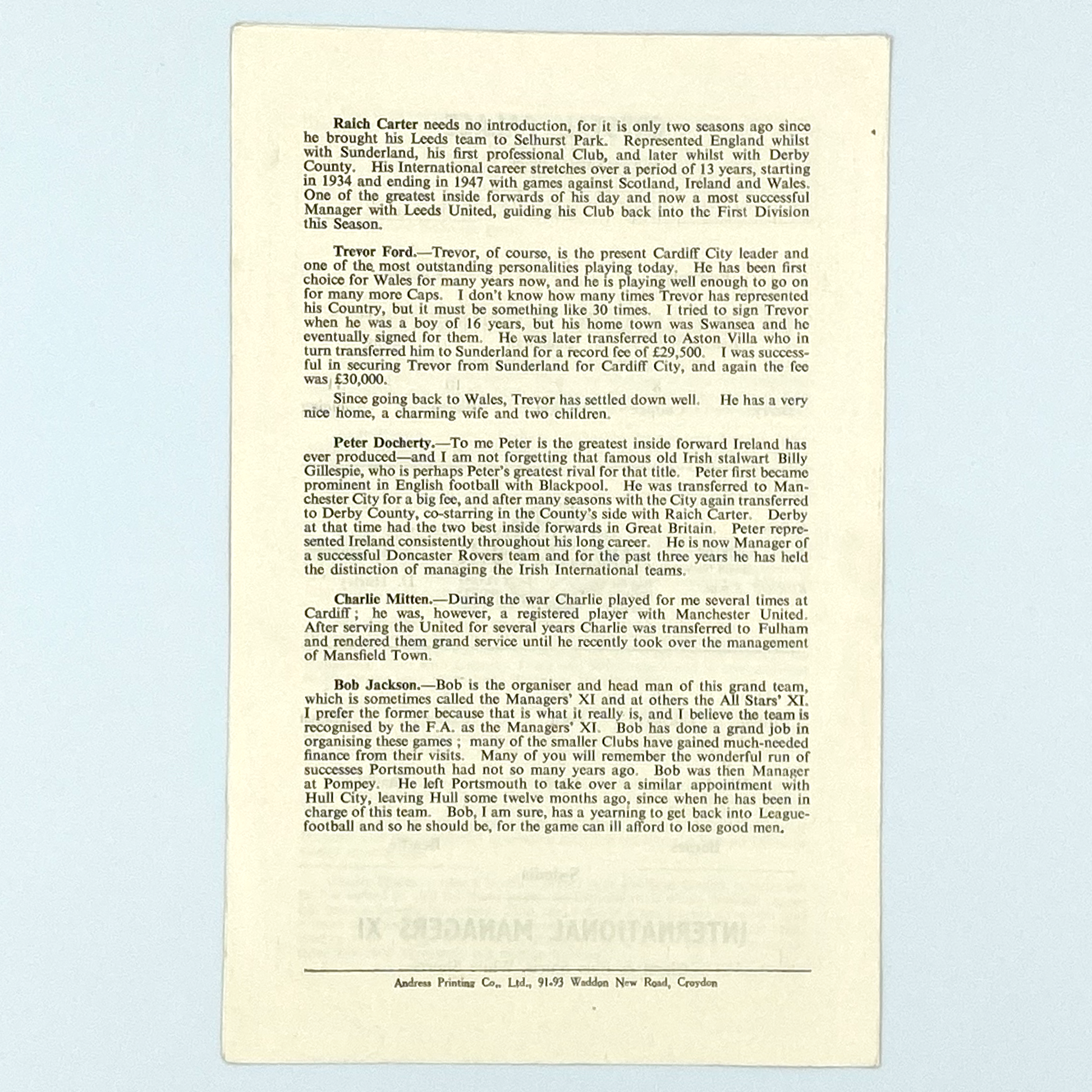 Crystal Palace vs International Managers XI Programme (5 May, 1956)