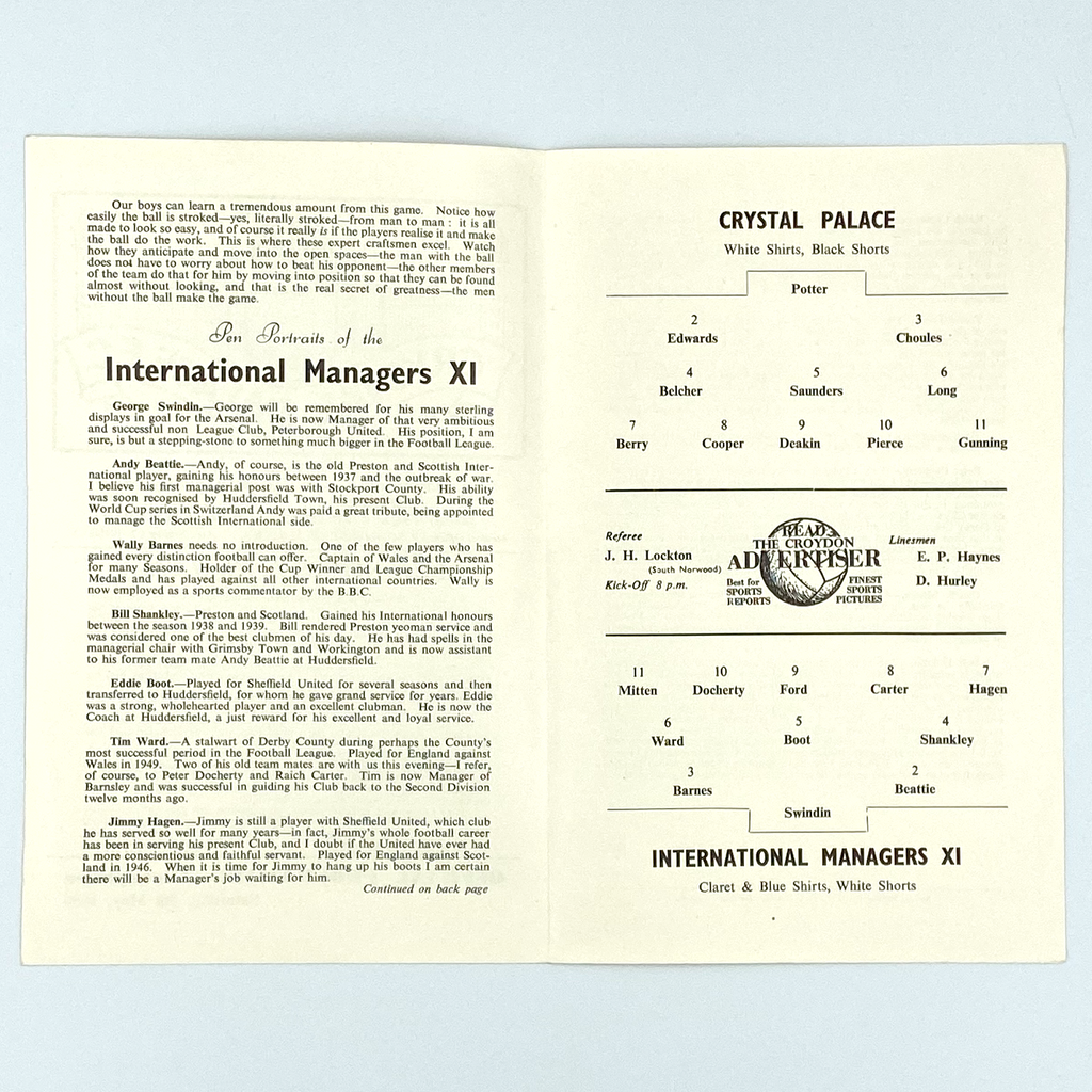Crystal Palace vs International Managers XI Programme (5 May, 1956)