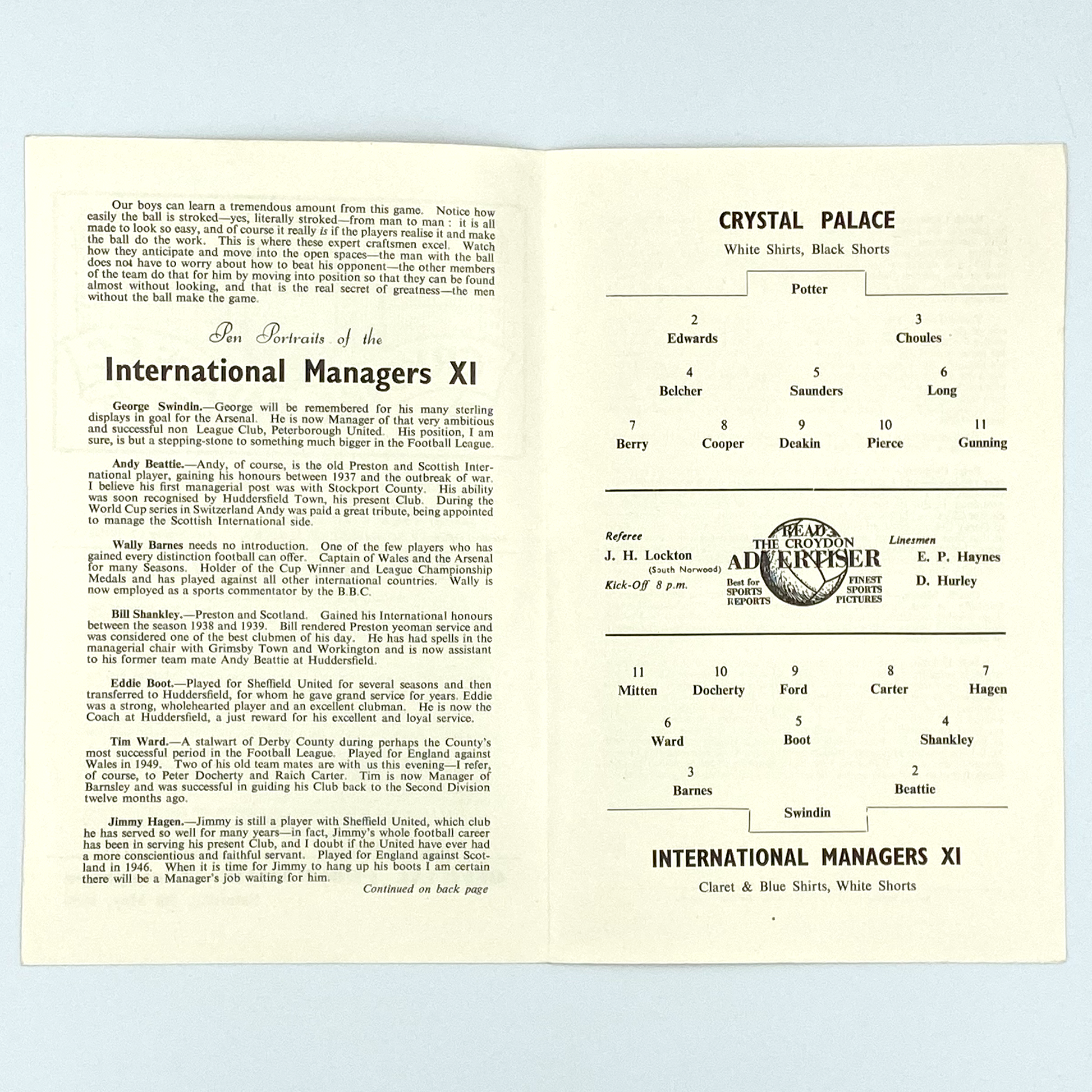 Crystal Palace vs International Managers XI Programme (5 May, 1956)