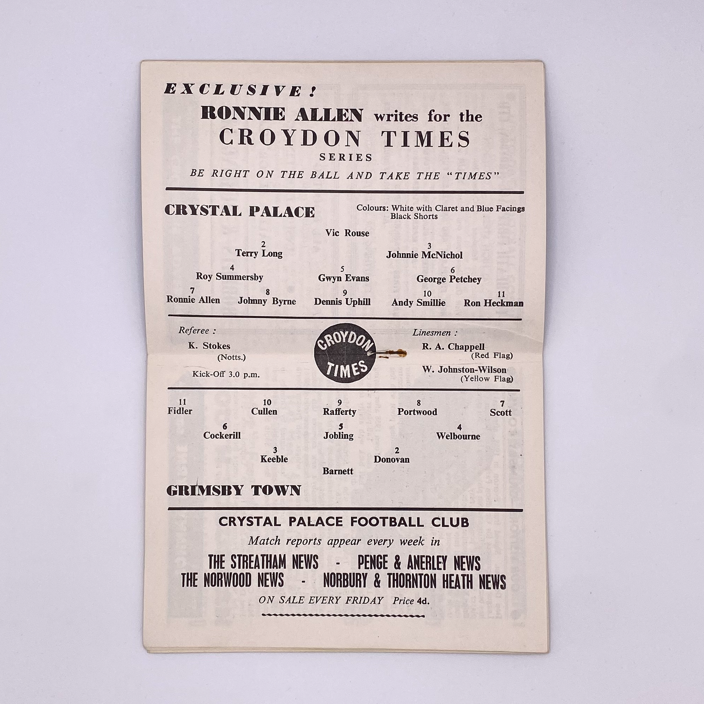 Crystal Palace vs Grimsby Town Programme (11 January, 1961)