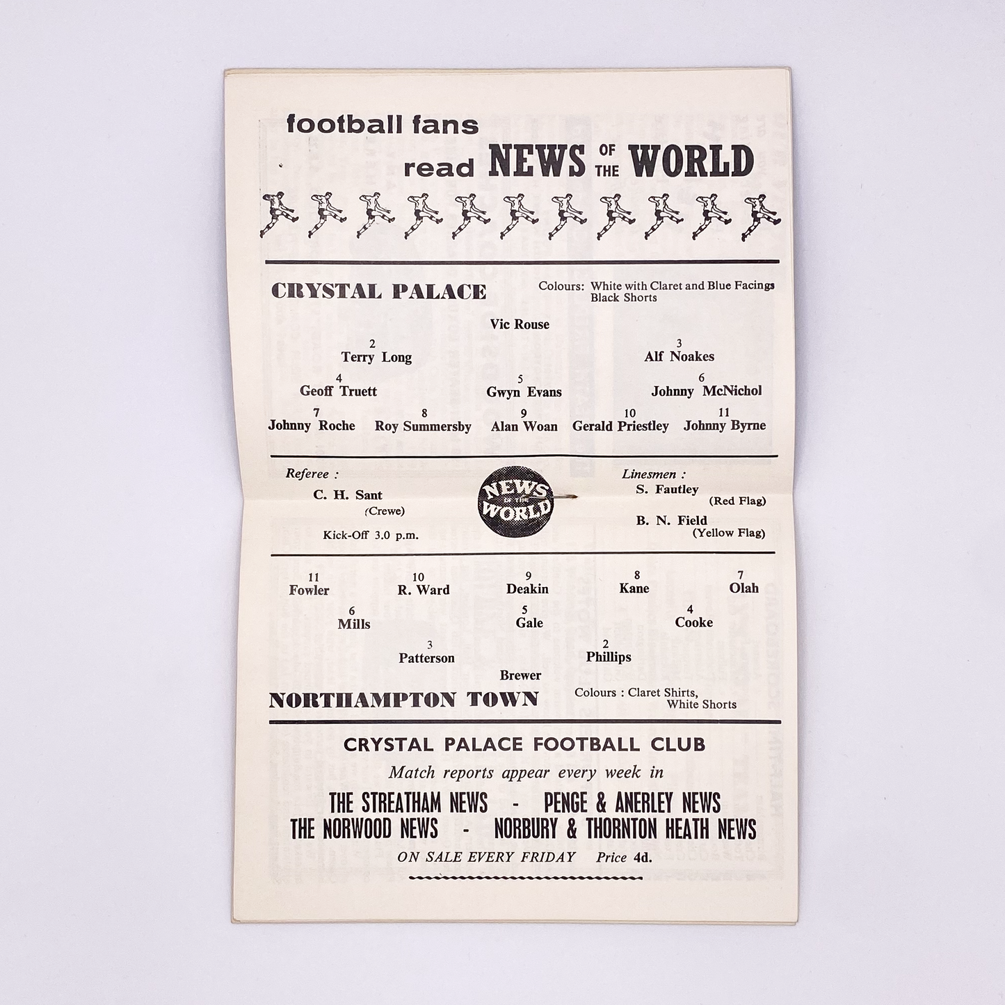 Crystal Palace vs Northampton Town Programme (16 April, 1960)