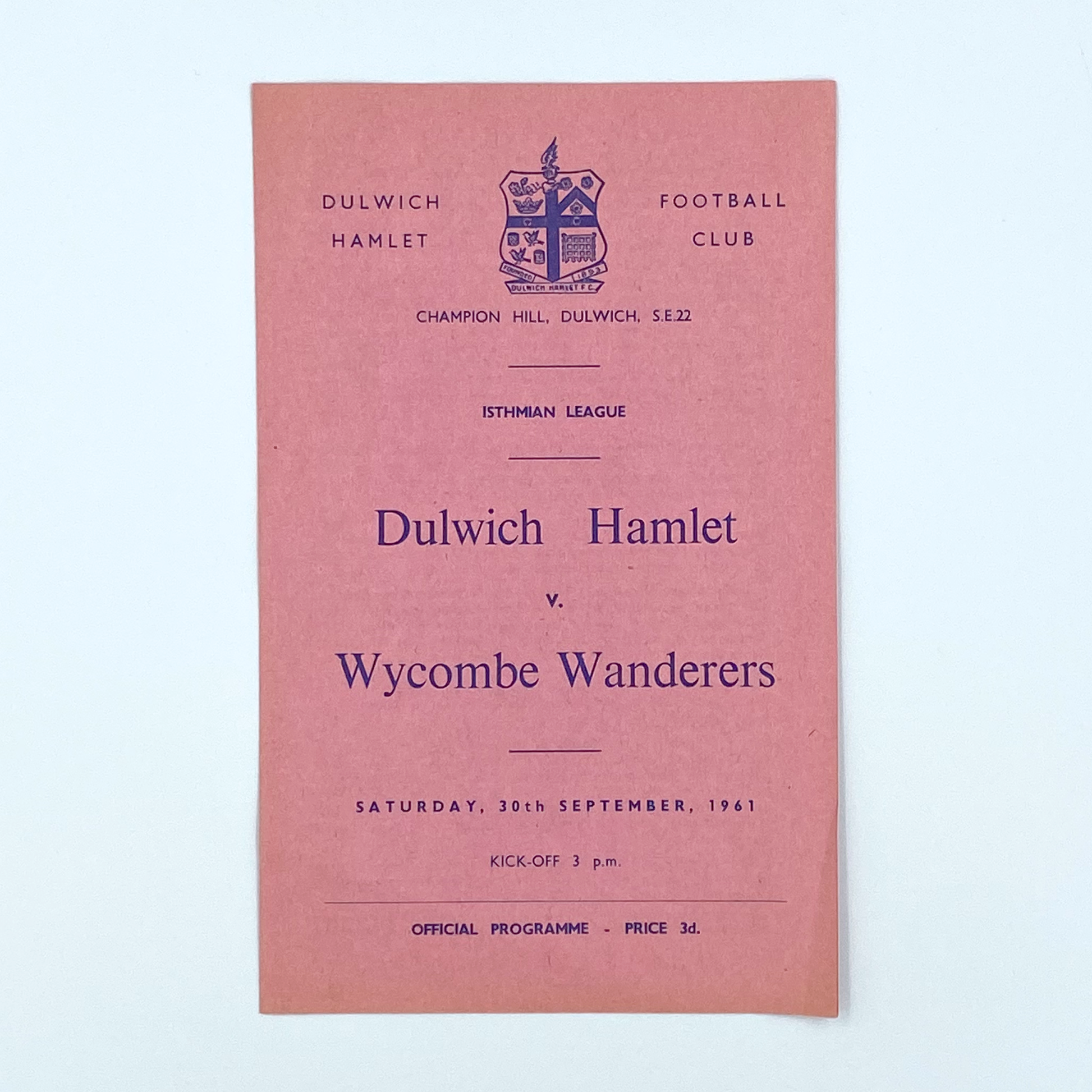Dulwich Hamlet vs Wycombe Wanderers Programme (20 September, 1961)