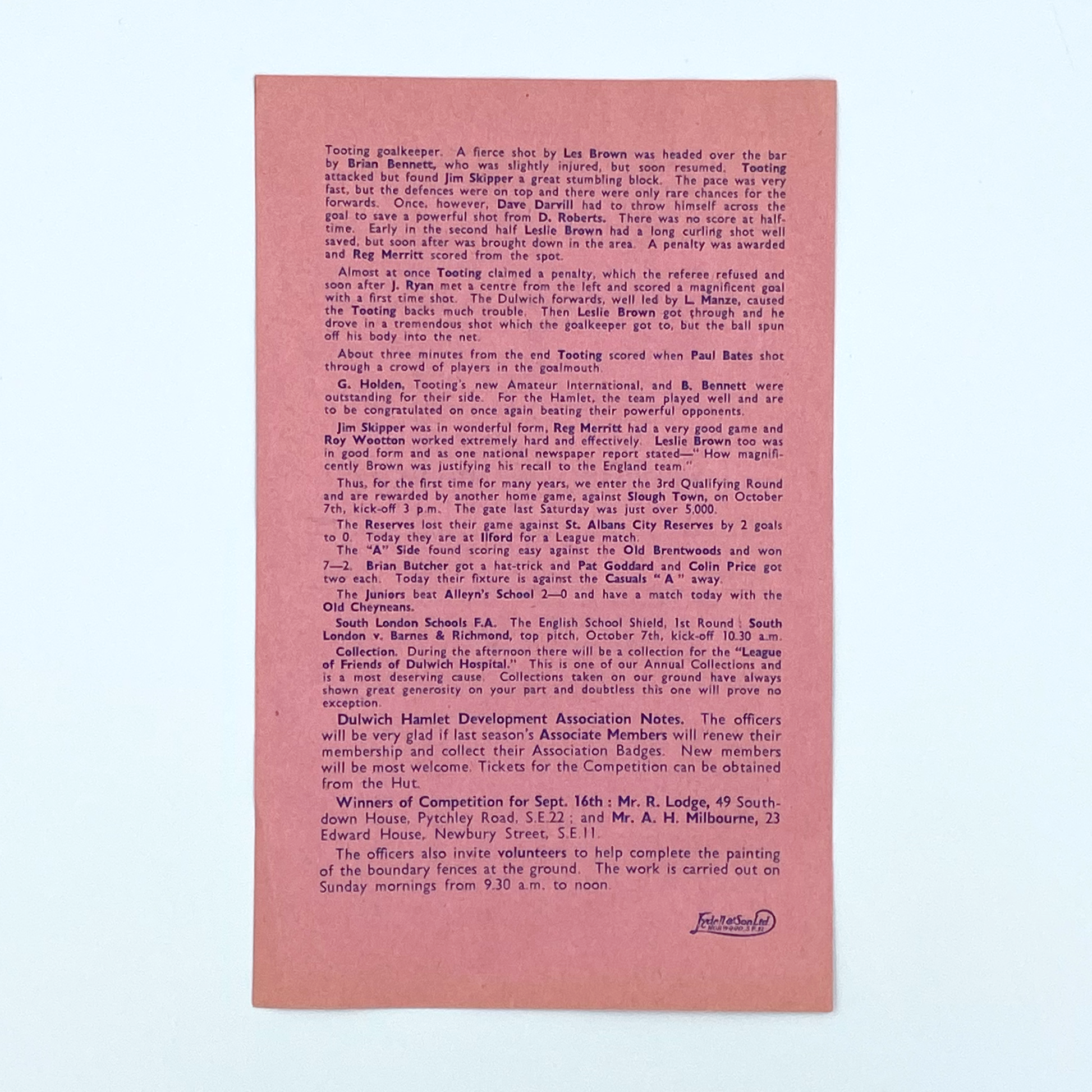 Dulwich Hamlet vs Wycombe Wanderers Programme (20 September, 1961)