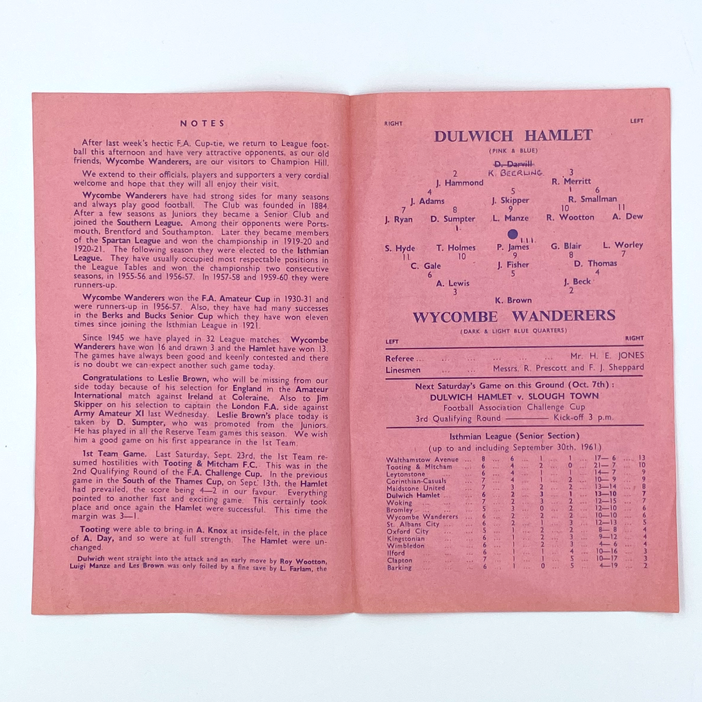 Dulwich Hamlet vs Wycombe Wanderers Programme (20 September, 1961)