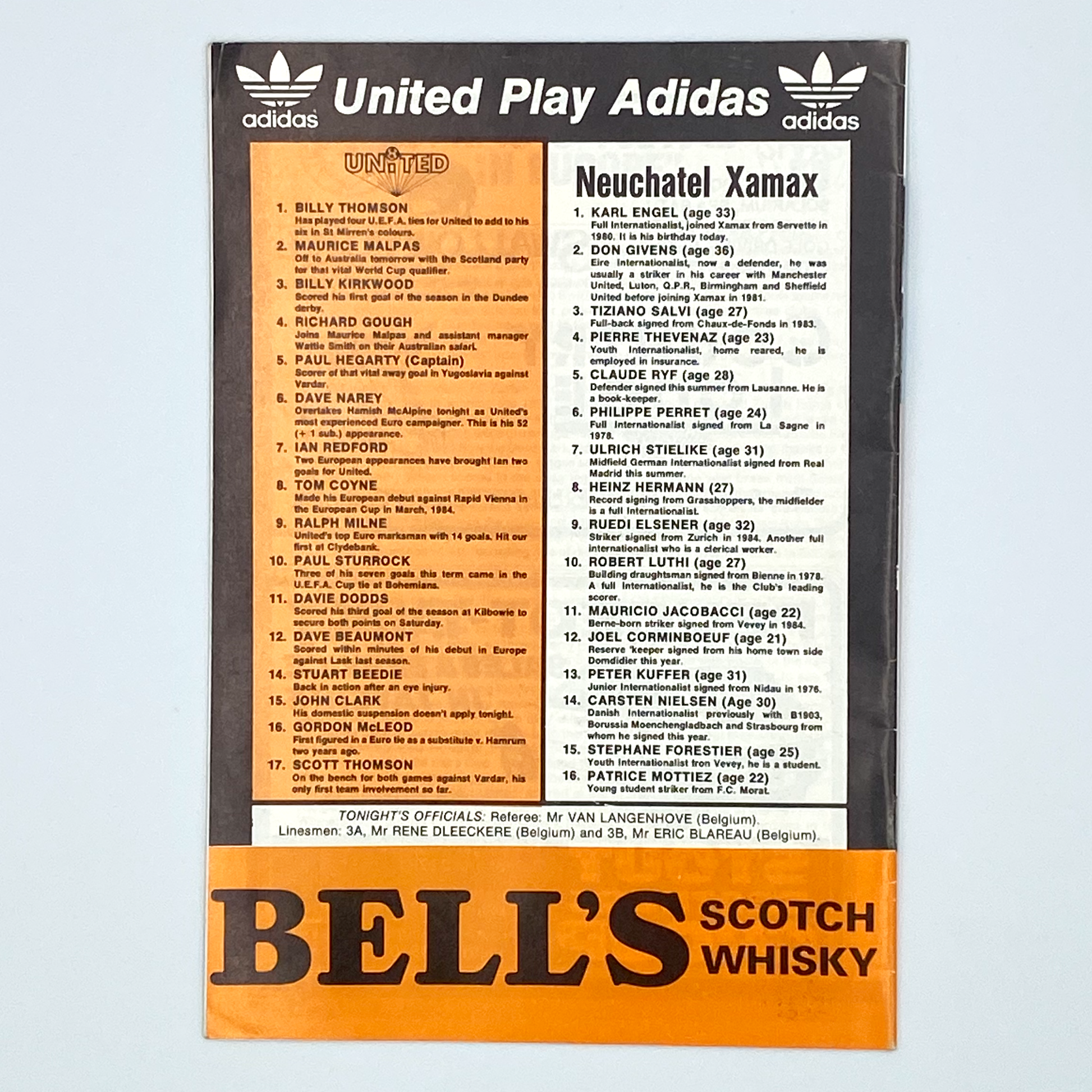 Dundee United vs Neuchâtel Xamax Programme (27 November, 1985)