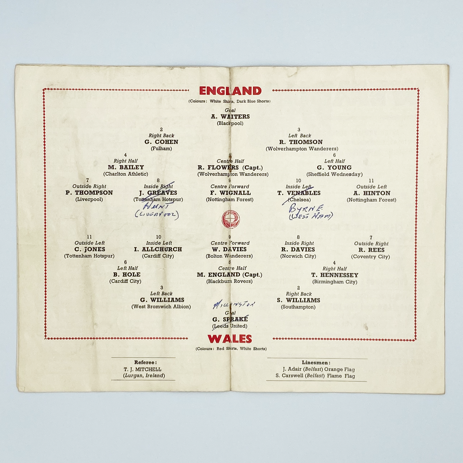 England vs Wales Programme (18 November, 1964)