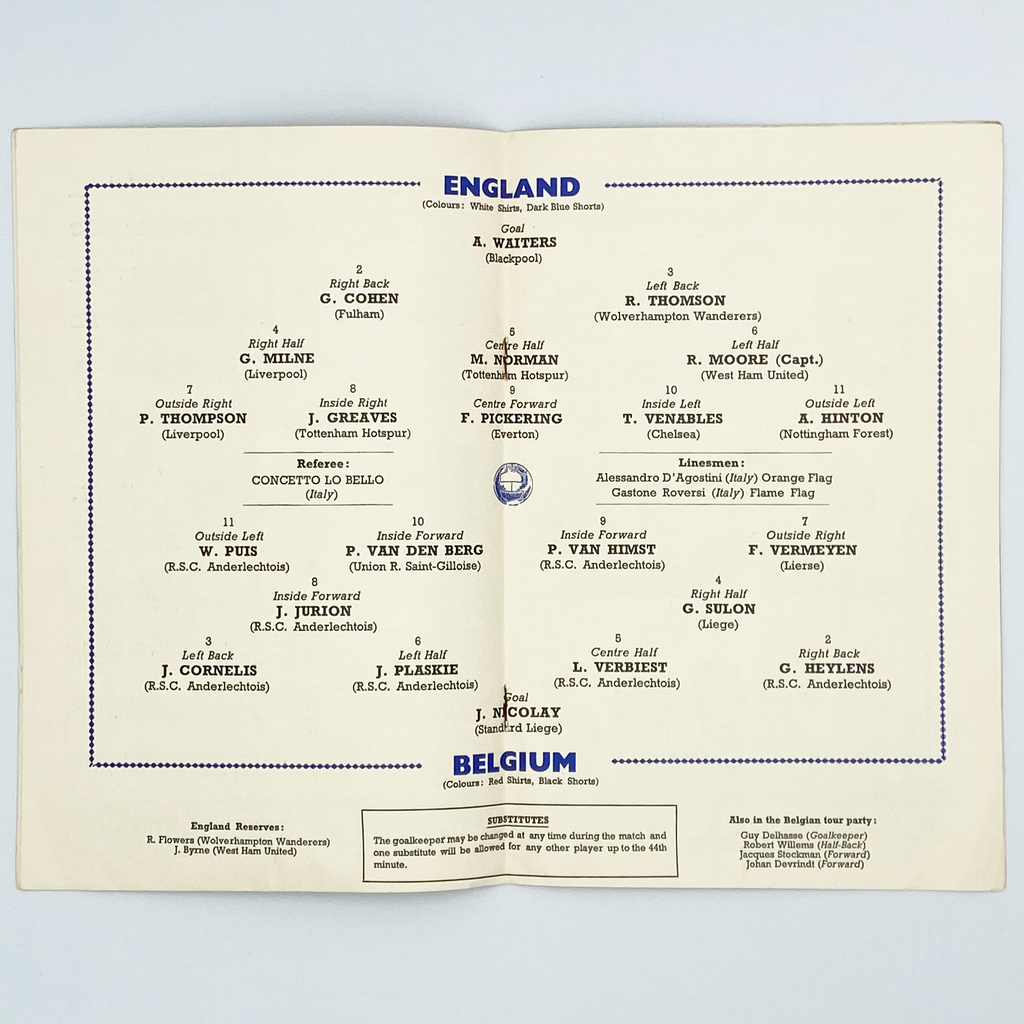 England vs Belgium Programme (21 October, 1964)